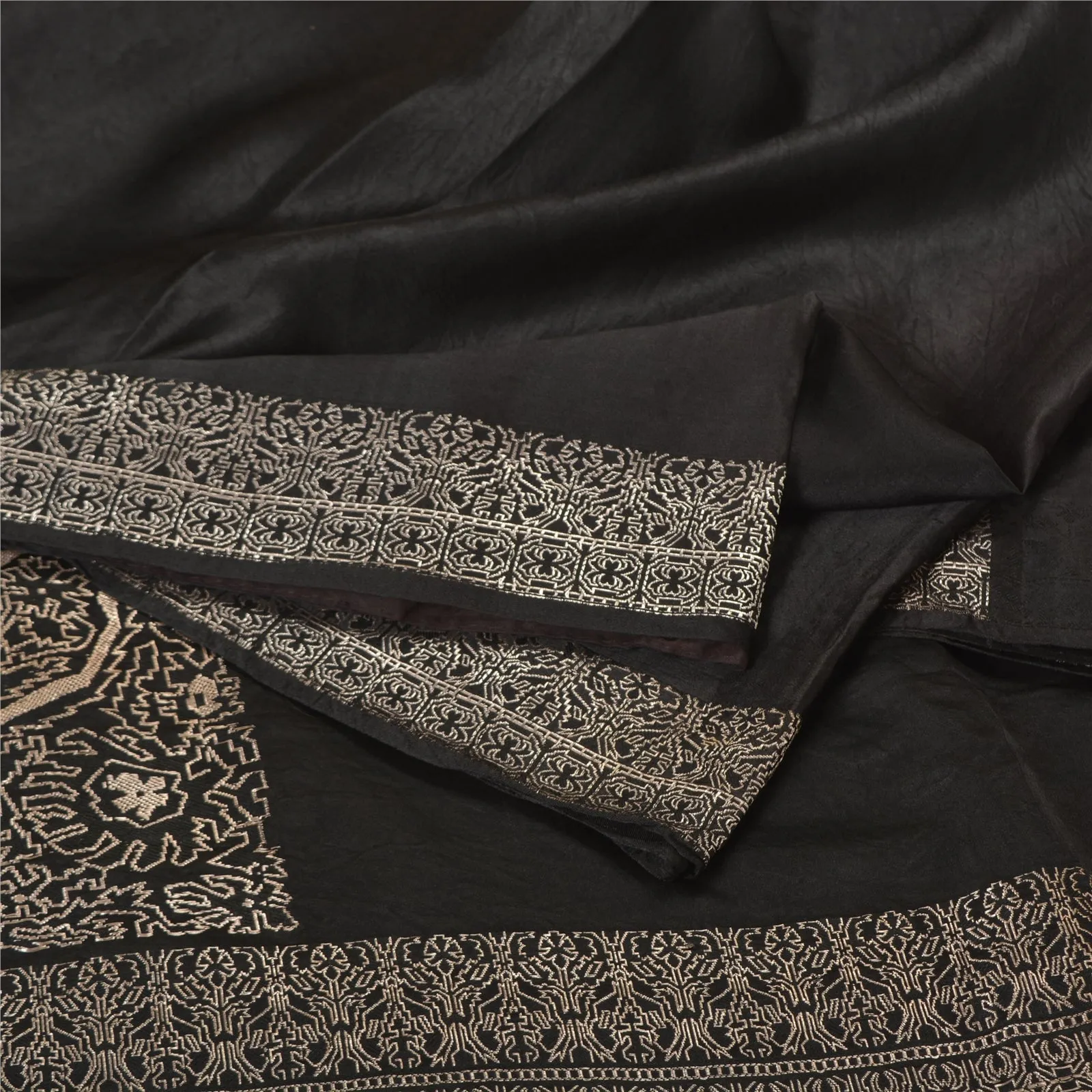 Sanskriti Vintage Black Sarees Pure Satin Woven Brocade/Banarasi Sari Fabric