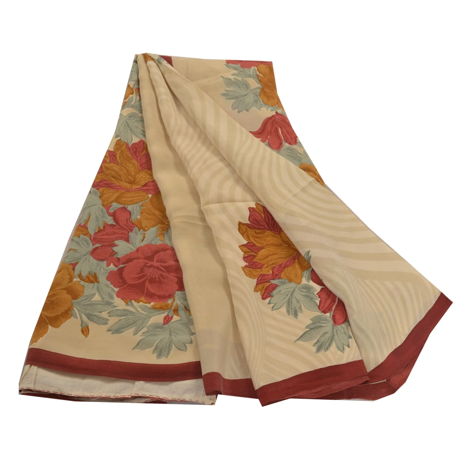 Sanskriti Vintage Cream Indian Sarees Pure Crepe Silk Printed Sari Craft Fabric