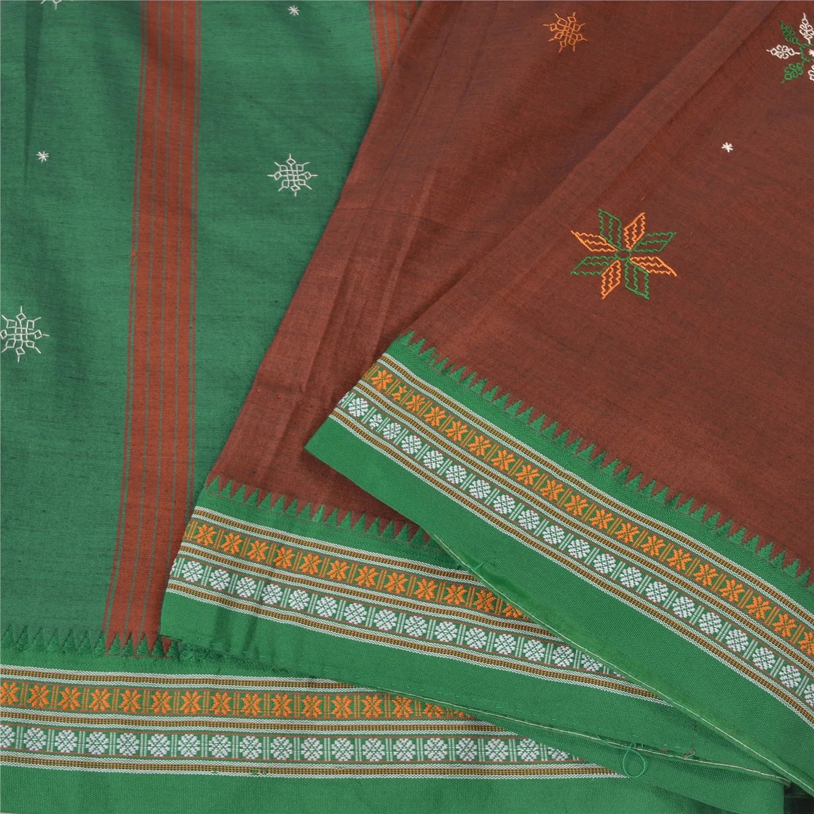 Sanskriti Vintage Green Sarees Cotton Handmade Kasuti Special Sari 5 YD Fabric