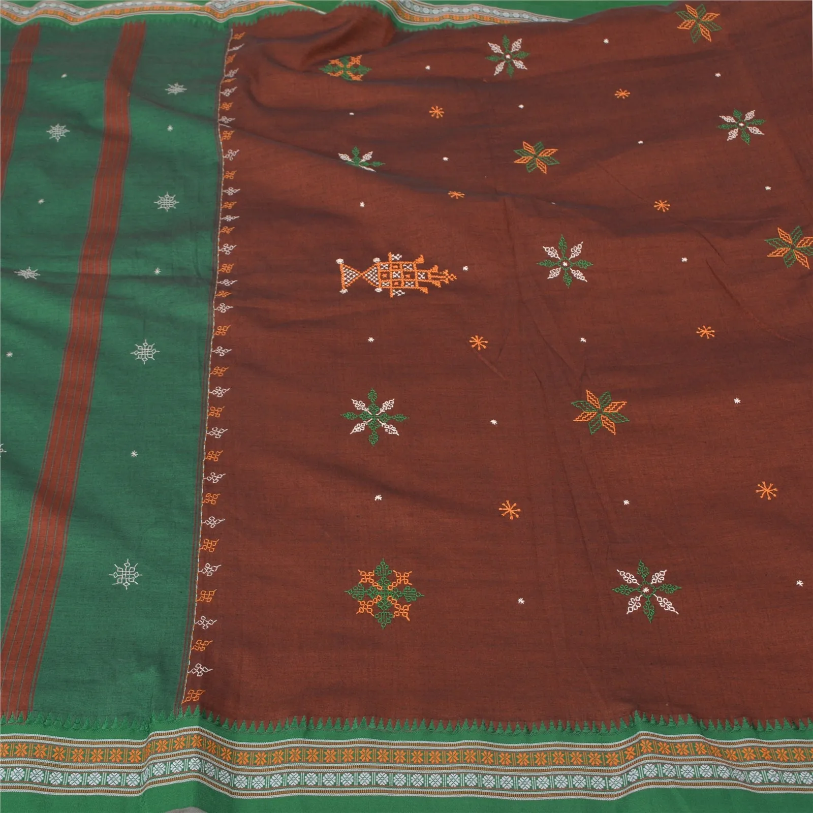 Sanskriti Vintage Green Sarees Cotton Handmade Kasuti Special Sari 5 YD Fabric