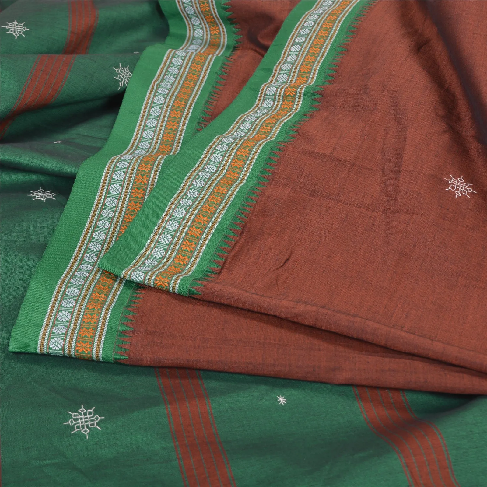 Sanskriti Vintage Green Sarees Cotton Handmade Kasuti Special Sari 5 YD Fabric