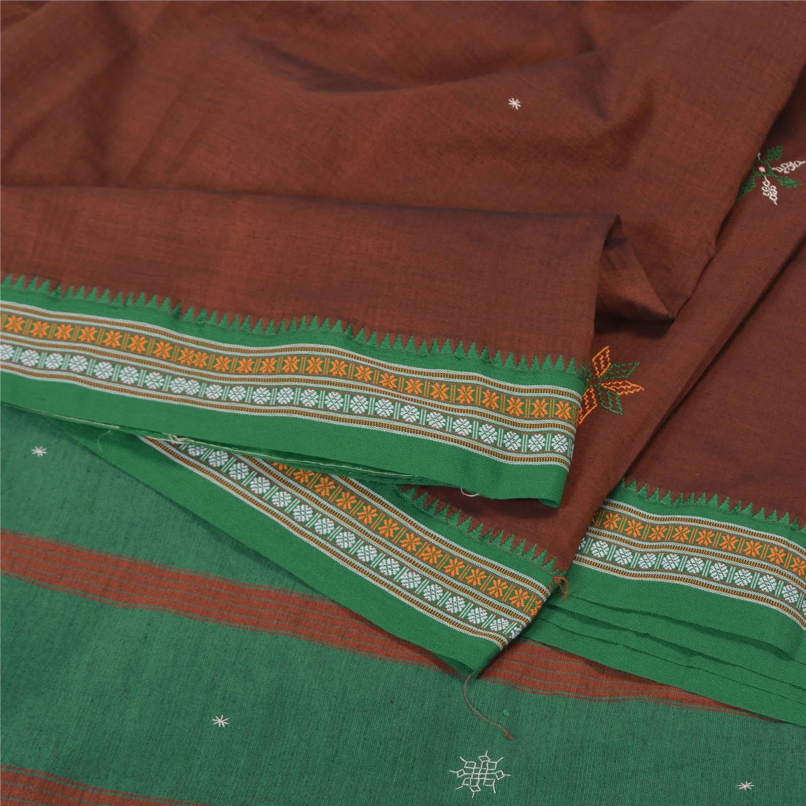 Sanskriti Vintage Green Sarees Cotton Handmade Kasuti Special Sari 5 YD Fabric