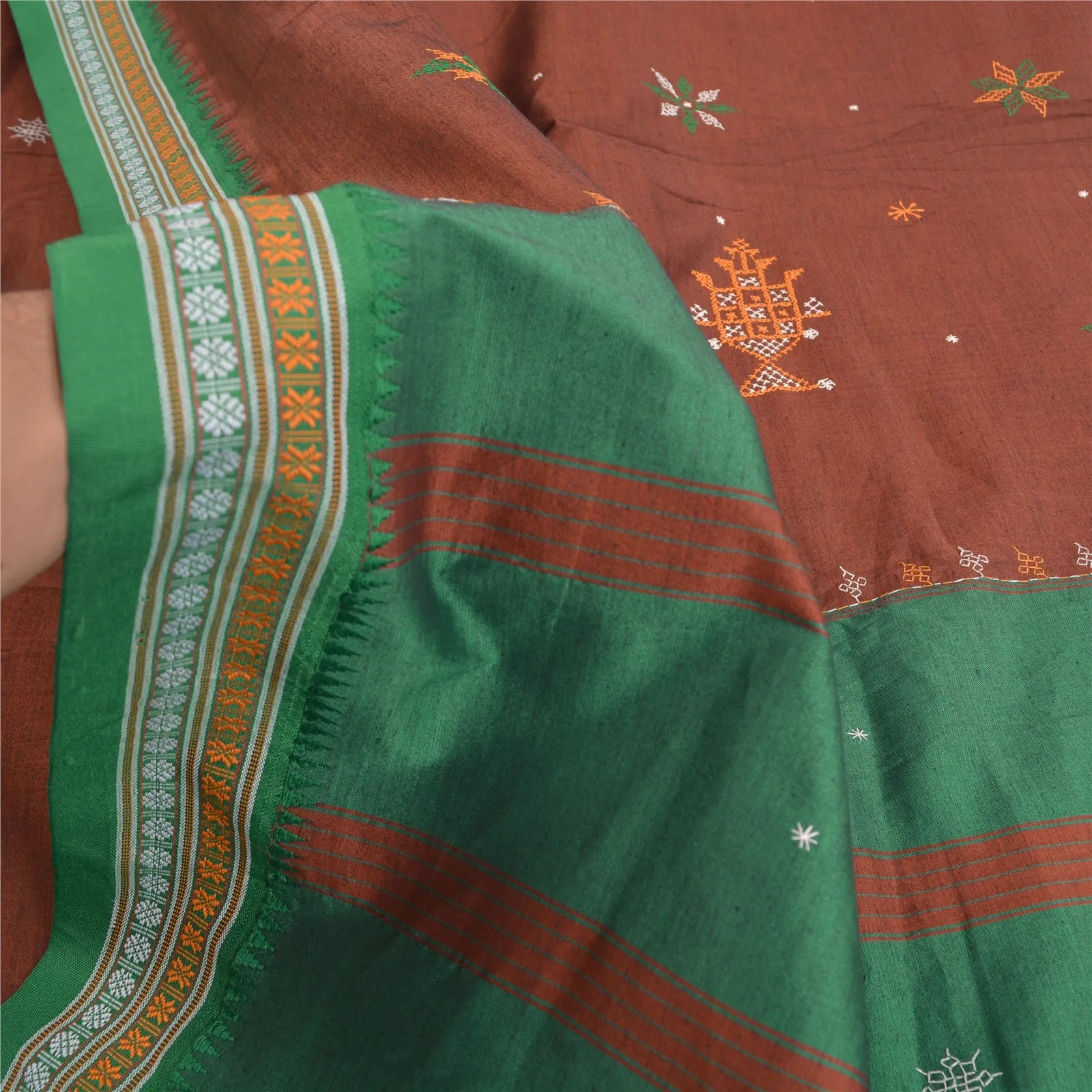 Sanskriti Vintage Green Sarees Cotton Handmade Kasuti Special Sari 5 YD Fabric