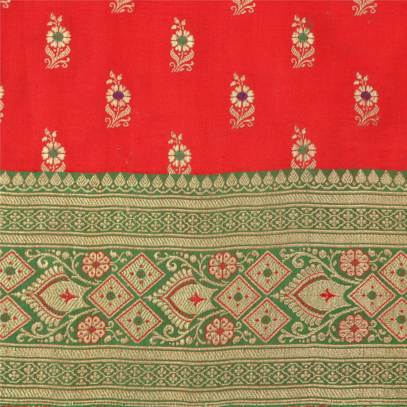 Sanskriti Vintage Green/Red Sarees Pure Satin Silk Brocade/Banarasi Sari Fabric