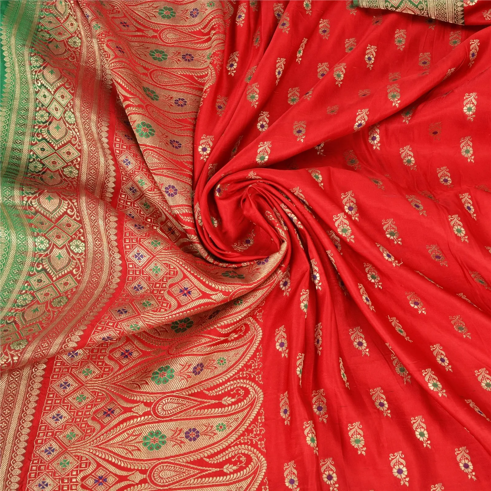 Sanskriti Vintage Green/Red Sarees Pure Satin Silk Brocade/Banarasi Sari Fabric