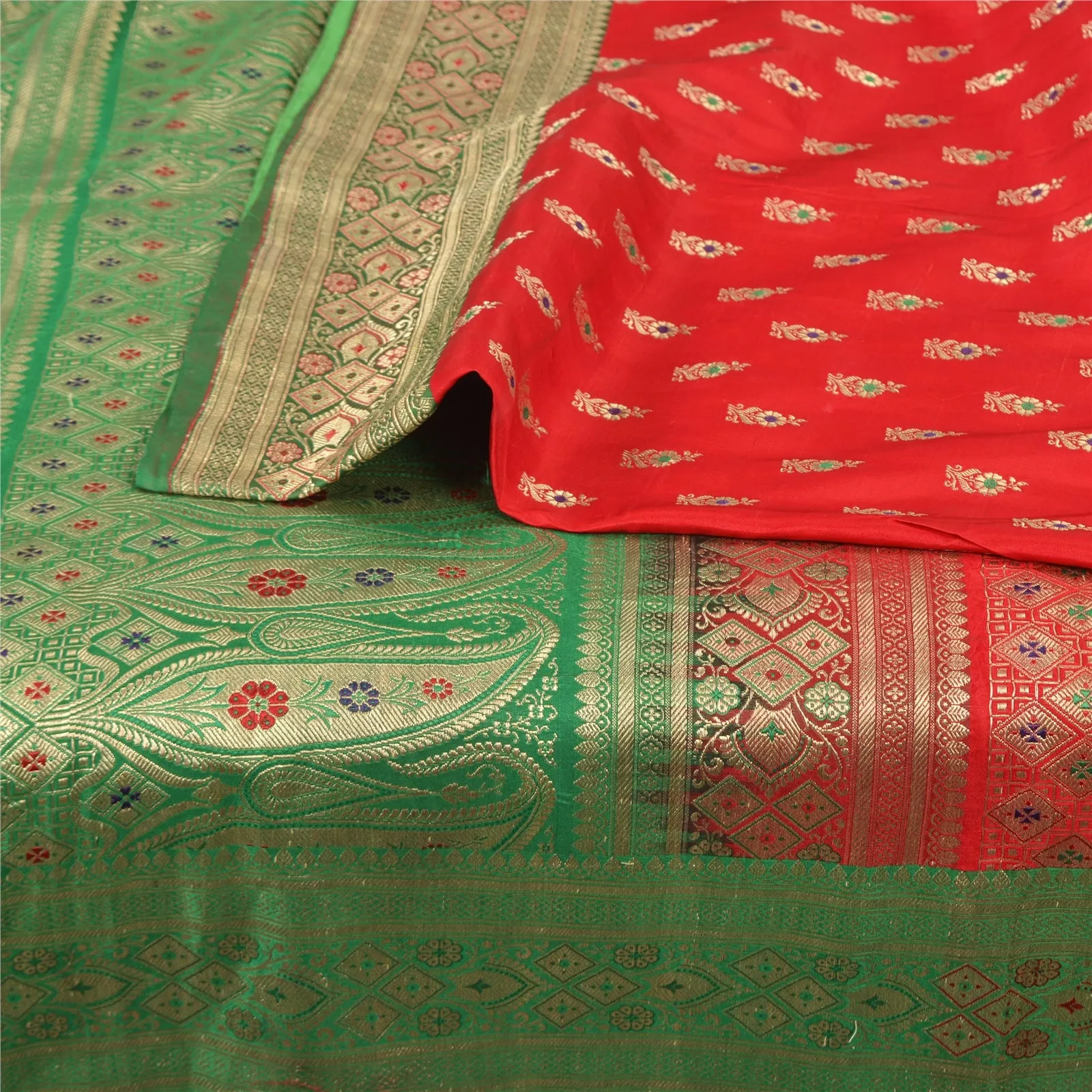 Sanskriti Vintage Green/Red Sarees Pure Satin Silk Brocade/Banarasi Sari Fabric