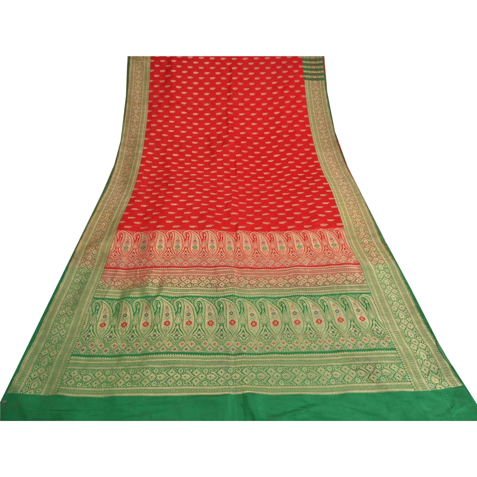 Sanskriti Vintage Green/Red Sarees Pure Satin Silk Brocade/Banarasi Sari Fabric