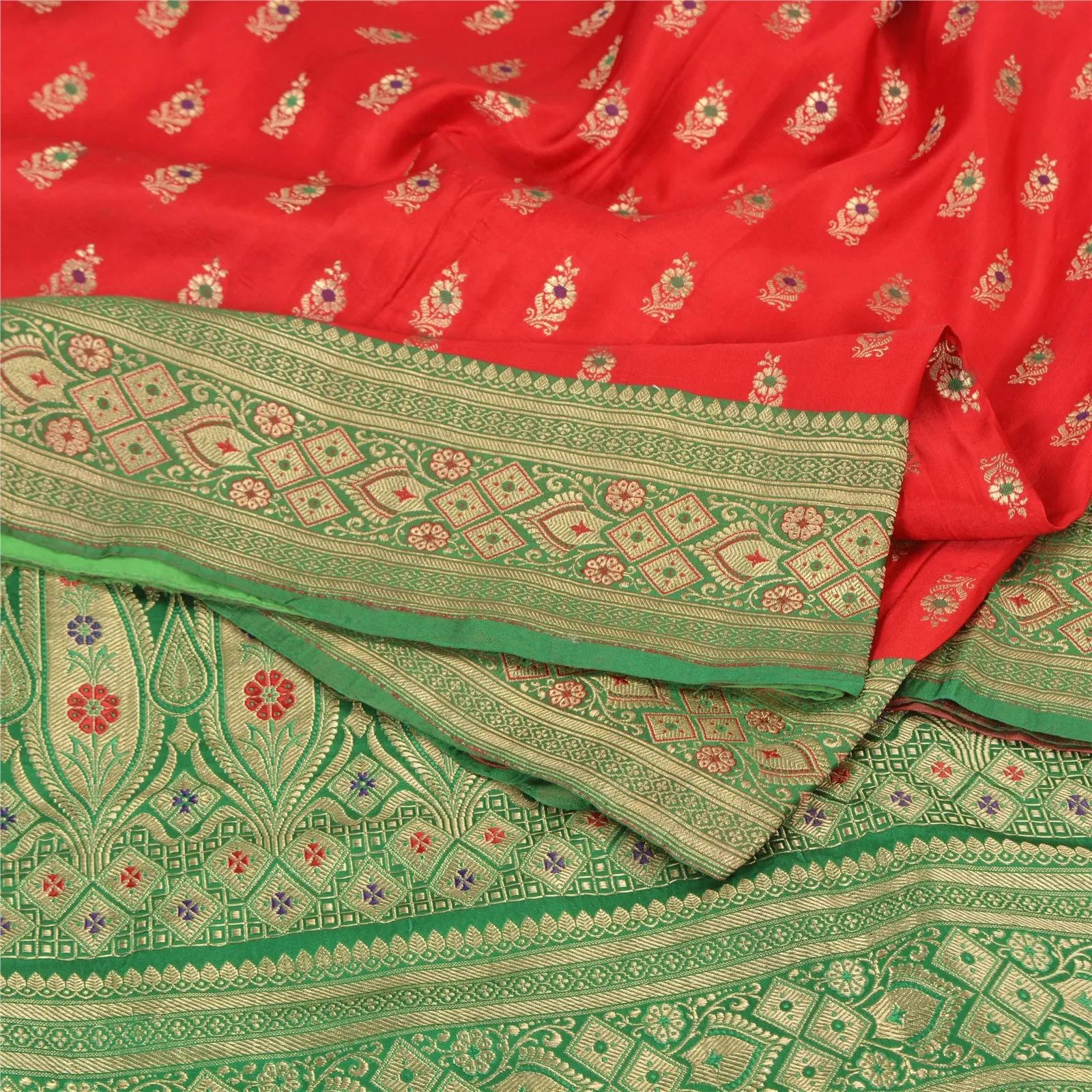 Sanskriti Vintage Green/Red Sarees Pure Satin Silk Brocade/Banarasi Sari Fabric