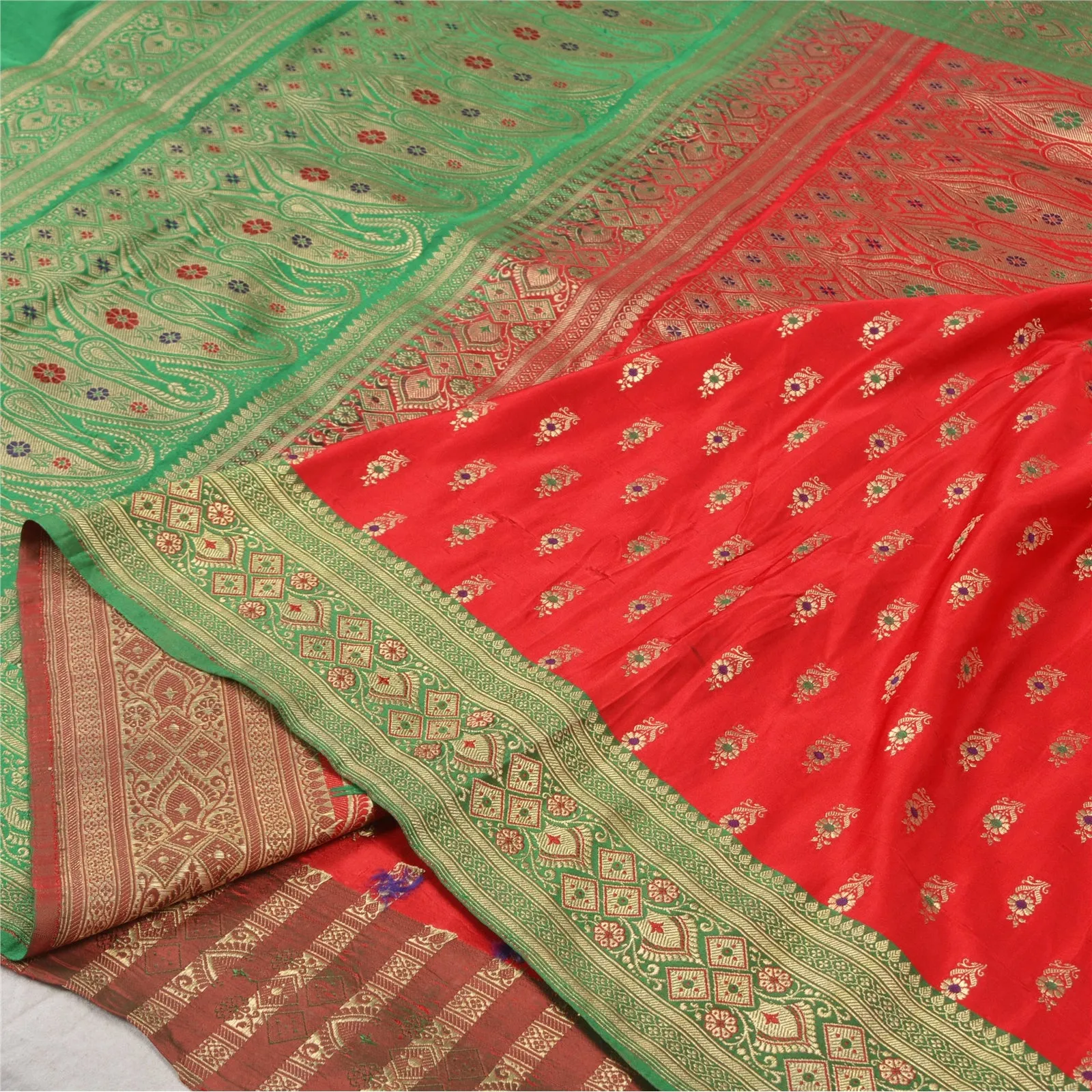 Sanskriti Vintage Green/Red Sarees Pure Satin Silk Brocade/Banarasi Sari Fabric