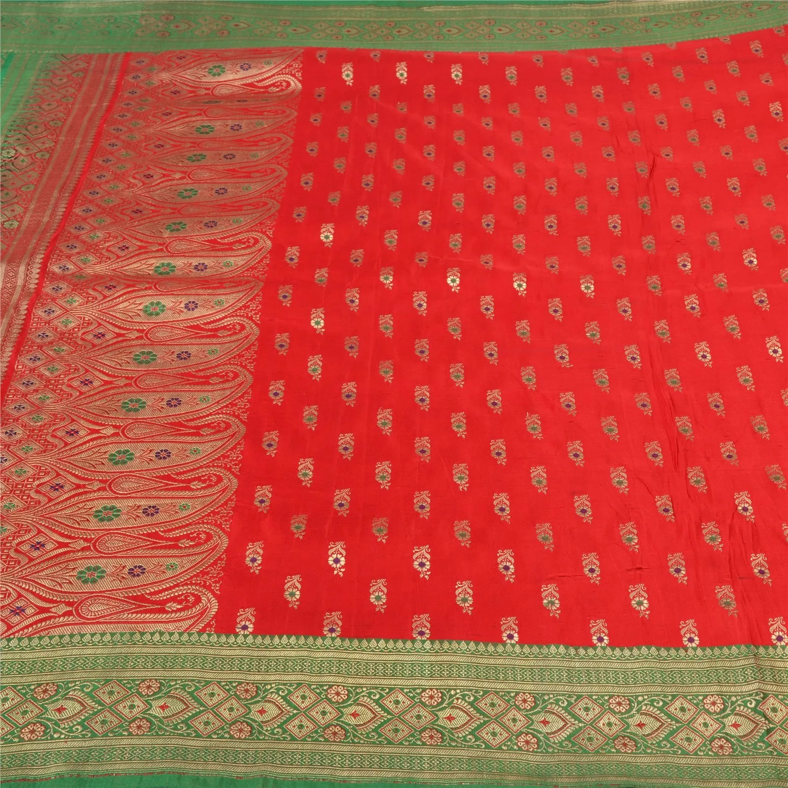 Sanskriti Vintage Green/Red Sarees Pure Satin Silk Brocade/Banarasi Sari Fabric