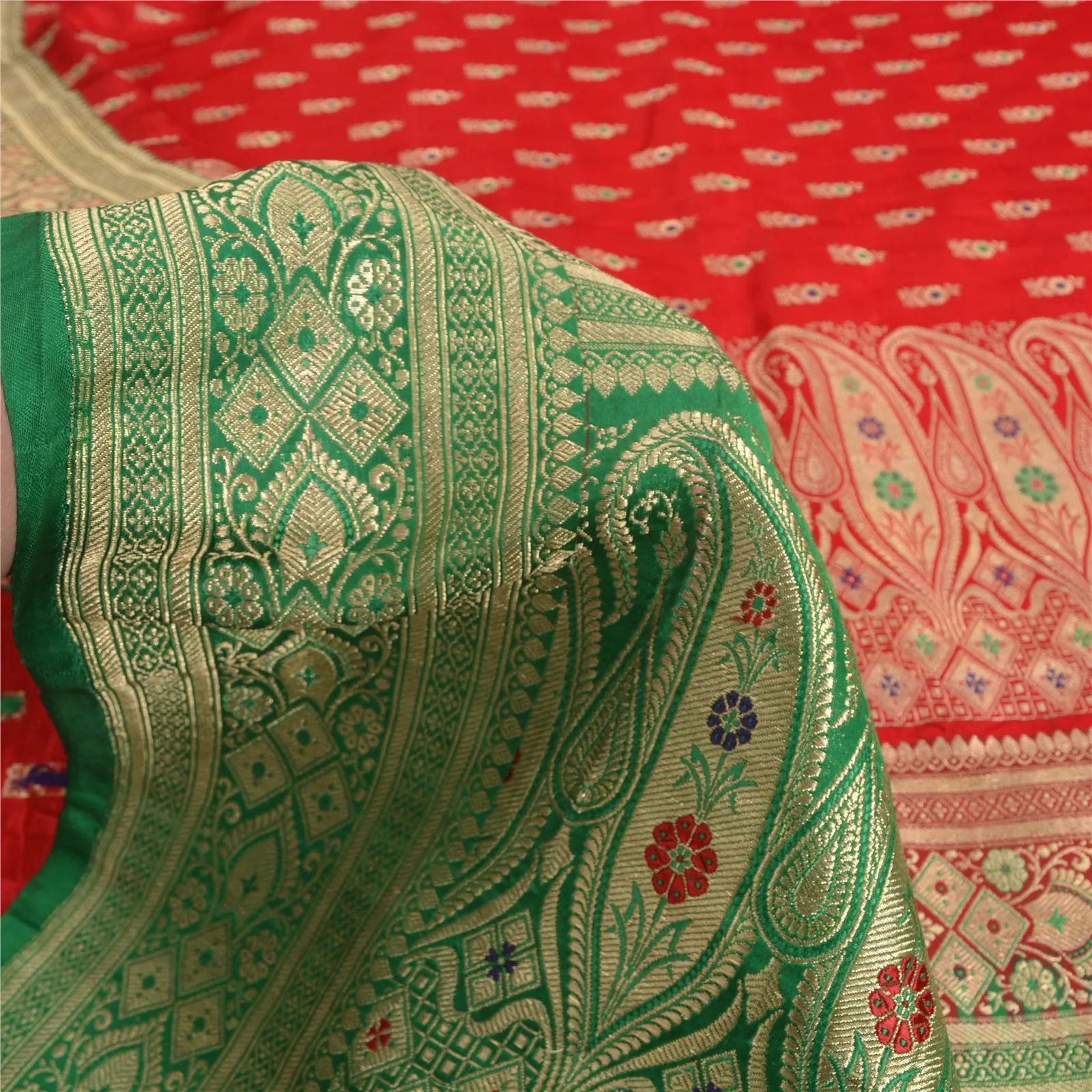 Sanskriti Vintage Green/Red Sarees Pure Satin Silk Brocade/Banarasi Sari Fabric