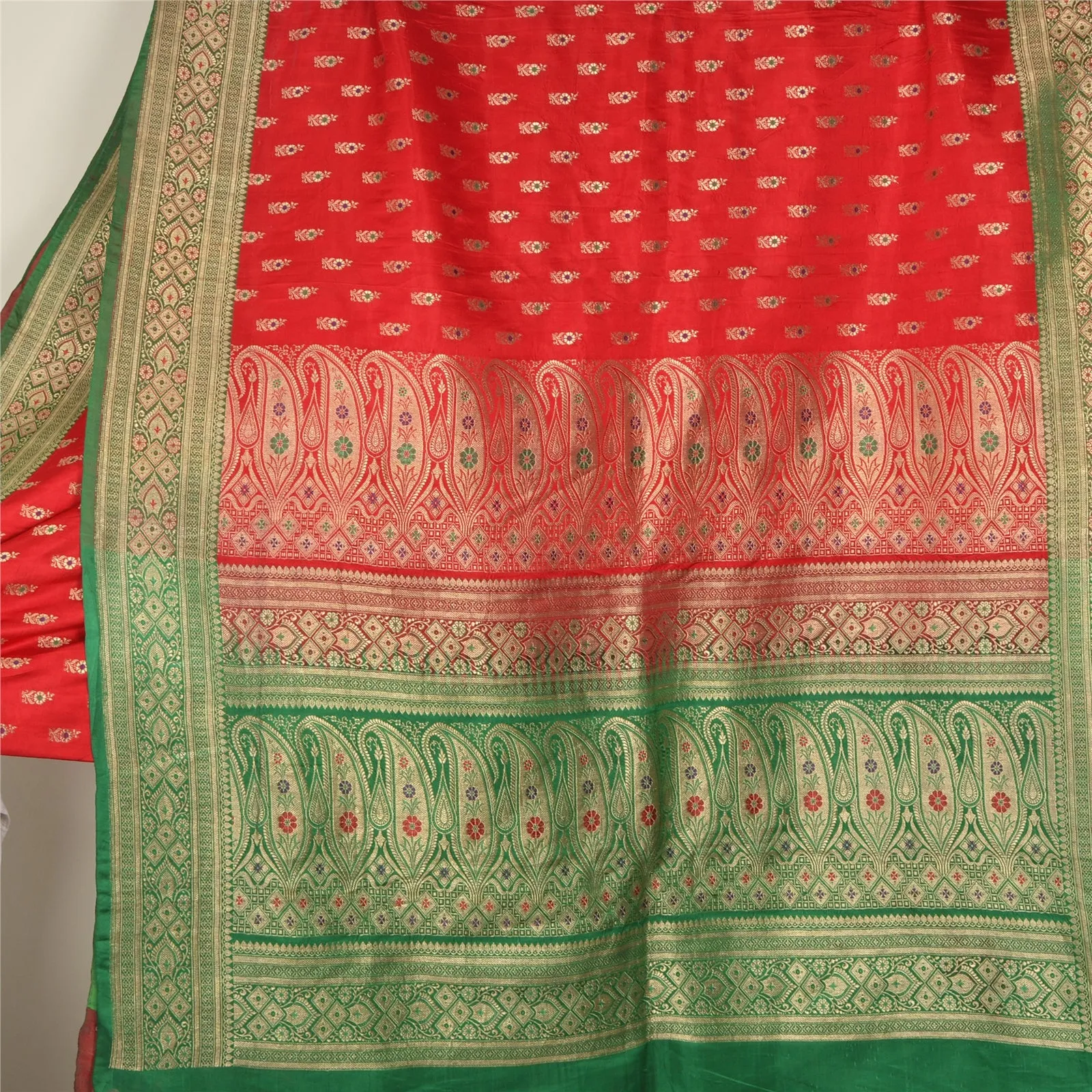 Sanskriti Vintage Green/Red Sarees Pure Satin Silk Brocade/Banarasi Sari Fabric