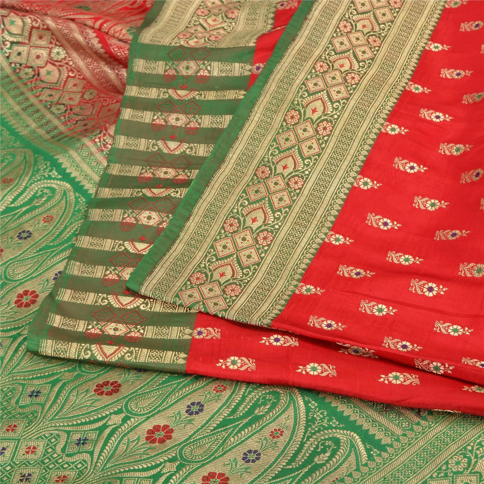 Sanskriti Vintage Green/Red Sarees Pure Satin Silk Brocade/Banarasi Sari Fabric