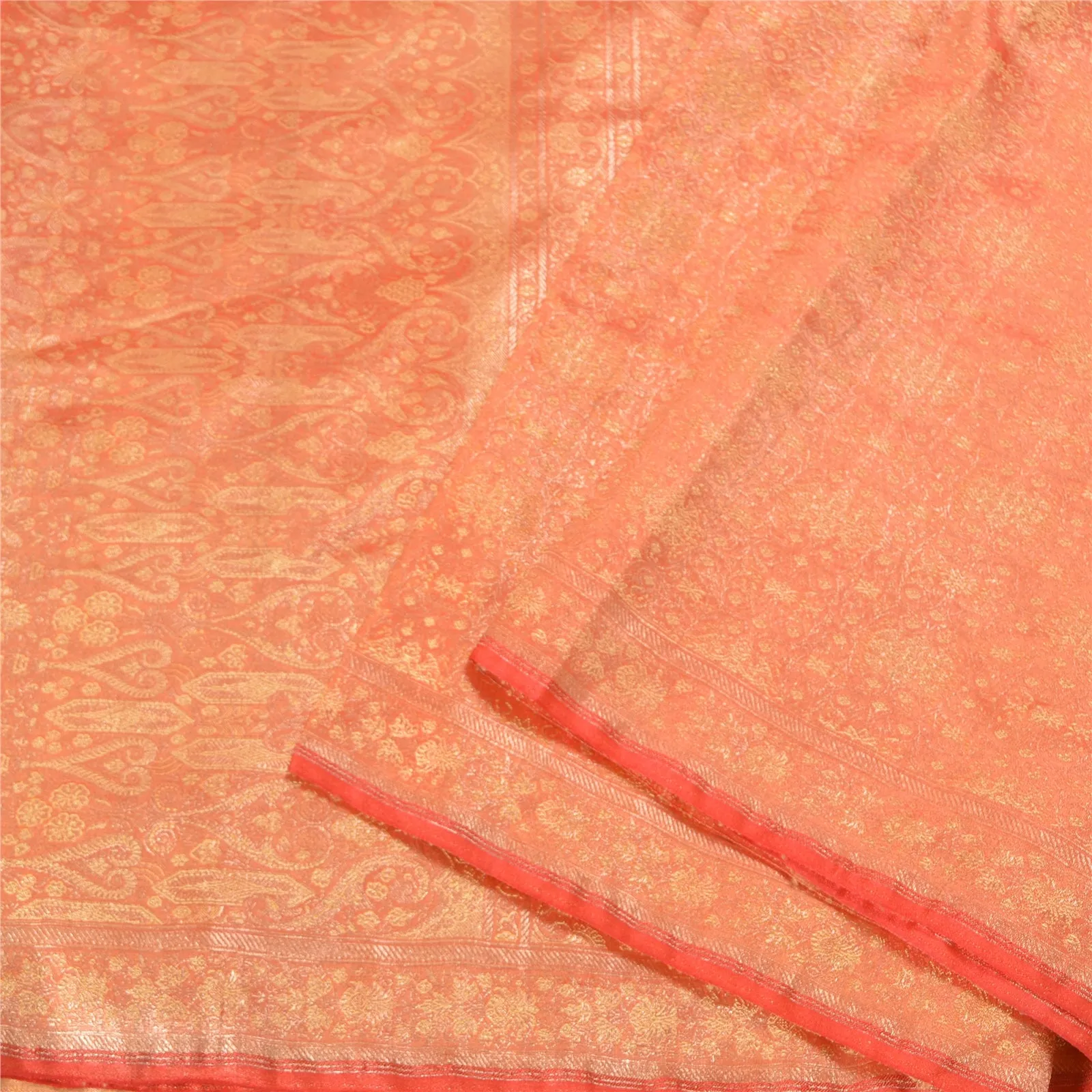 Sanskriti Vintage Peach Sarees Pure Satin Woven Brocade/Banarasi Sari Fabric