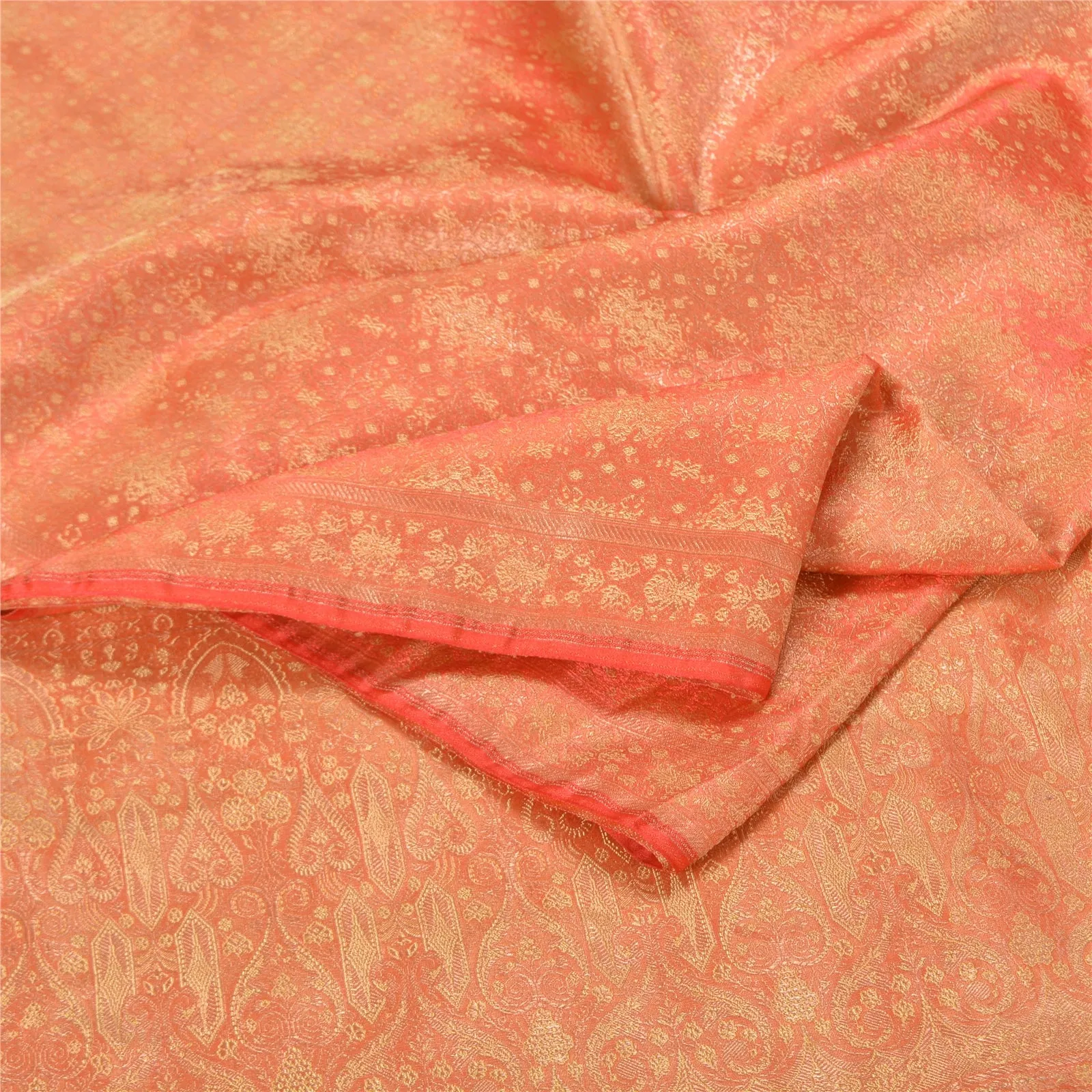 Sanskriti Vintage Peach Sarees Pure Satin Woven Brocade/Banarasi Sari Fabric