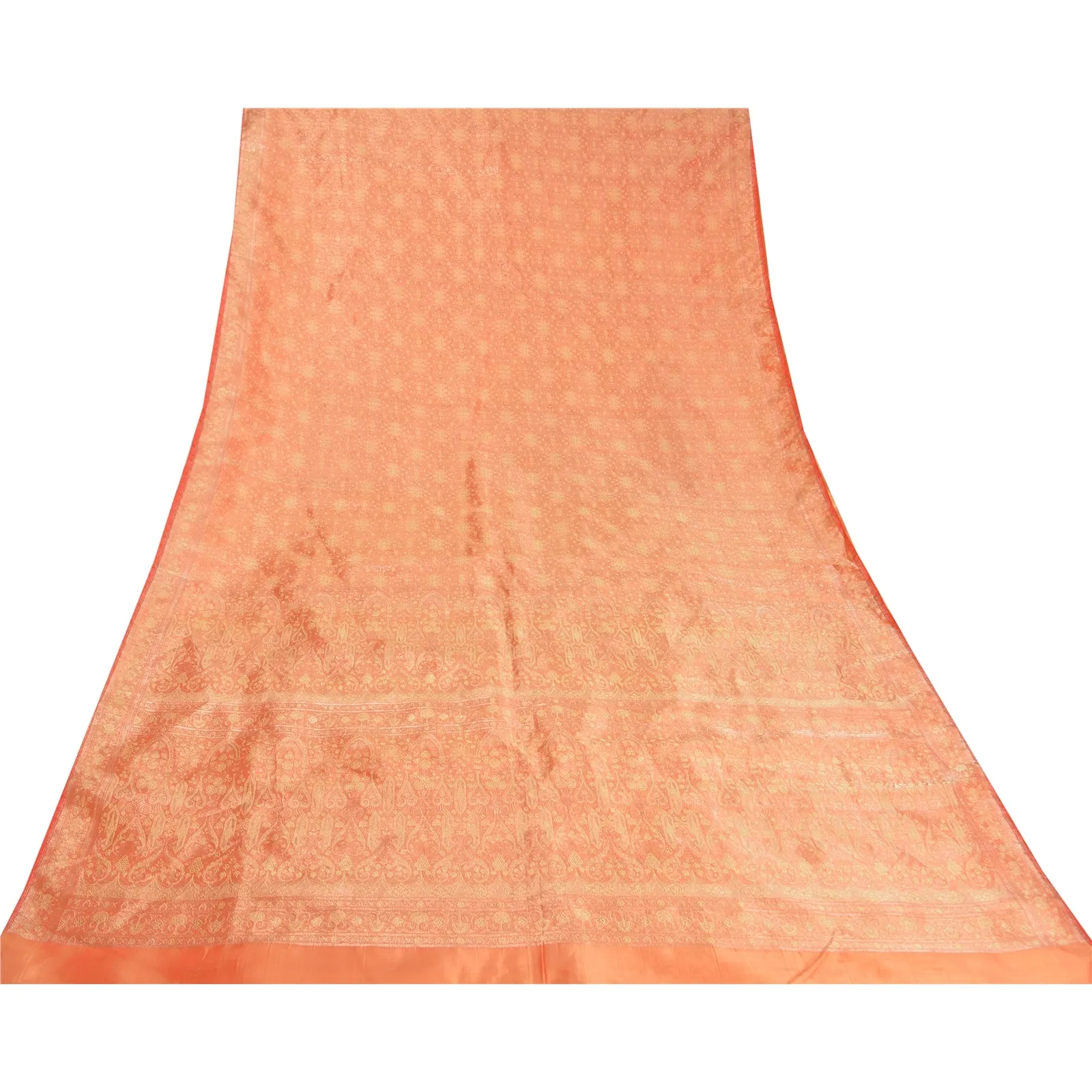 Sanskriti Vintage Peach Sarees Pure Satin Woven Brocade/Banarasi Sari Fabric