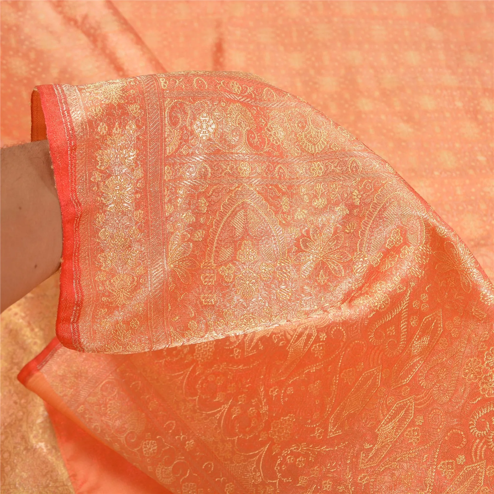 Sanskriti Vintage Peach Sarees Pure Satin Woven Brocade/Banarasi Sari Fabric