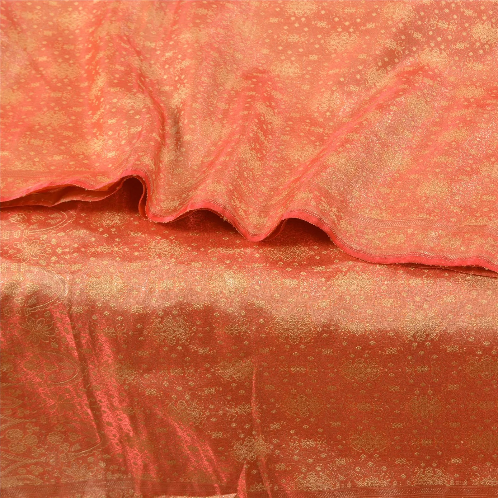 Sanskriti Vintage Peach Sarees Pure Satin Woven Brocade/Banarasi Sari Fabric