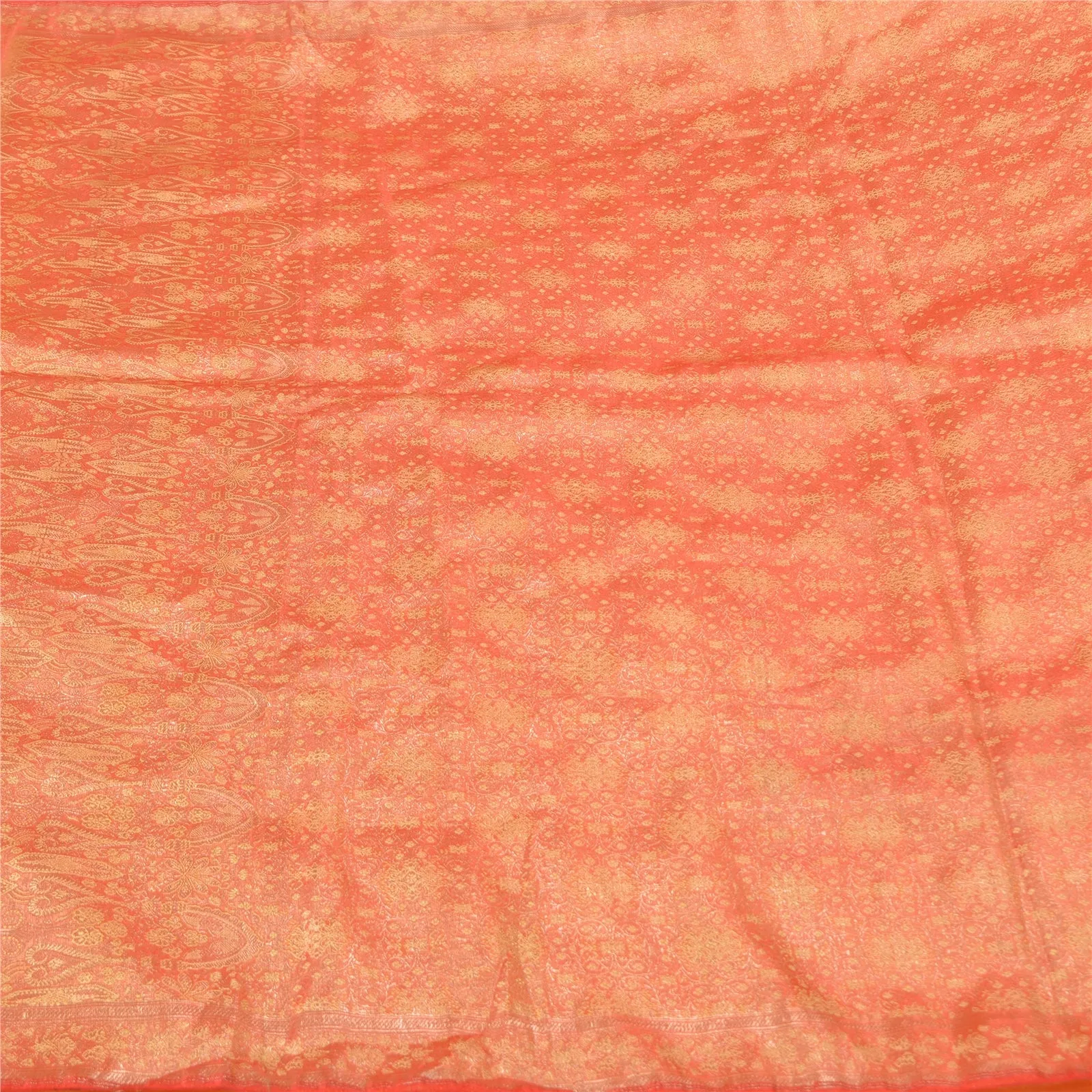 Sanskriti Vintage Peach Sarees Pure Satin Woven Brocade/Banarasi Sari Fabric