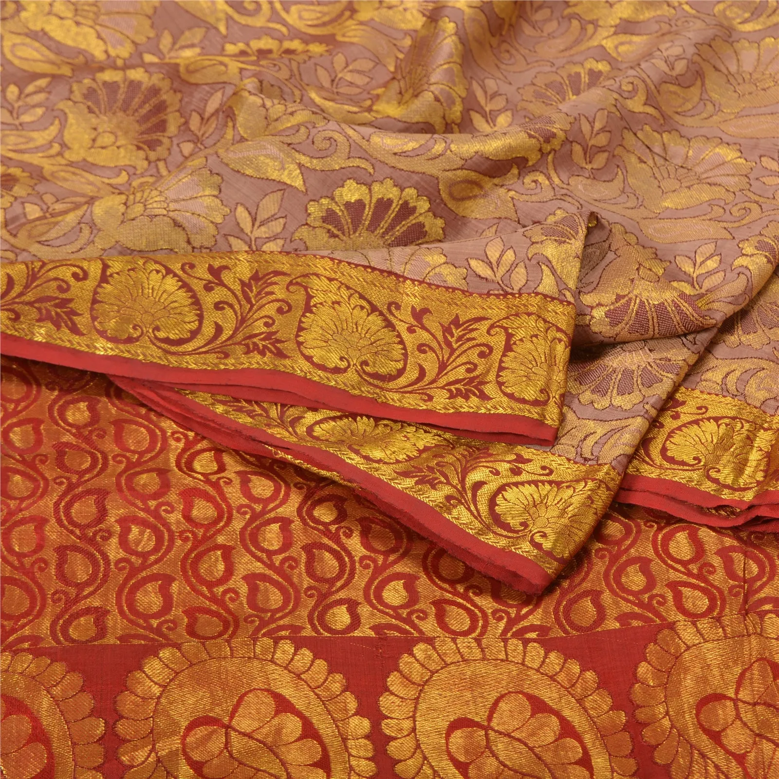 Sanskriti Vintage Pink/Red Woven Kanjivaram Special Sarees Pure Silk Fabric/Sari