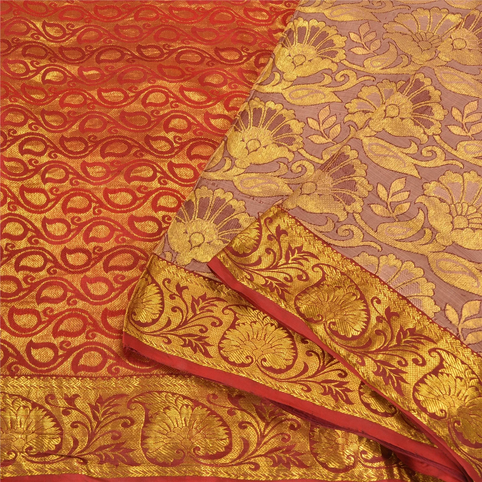 Sanskriti Vintage Pink/Red Woven Kanjivaram Special Sarees Pure Silk Fabric/Sari