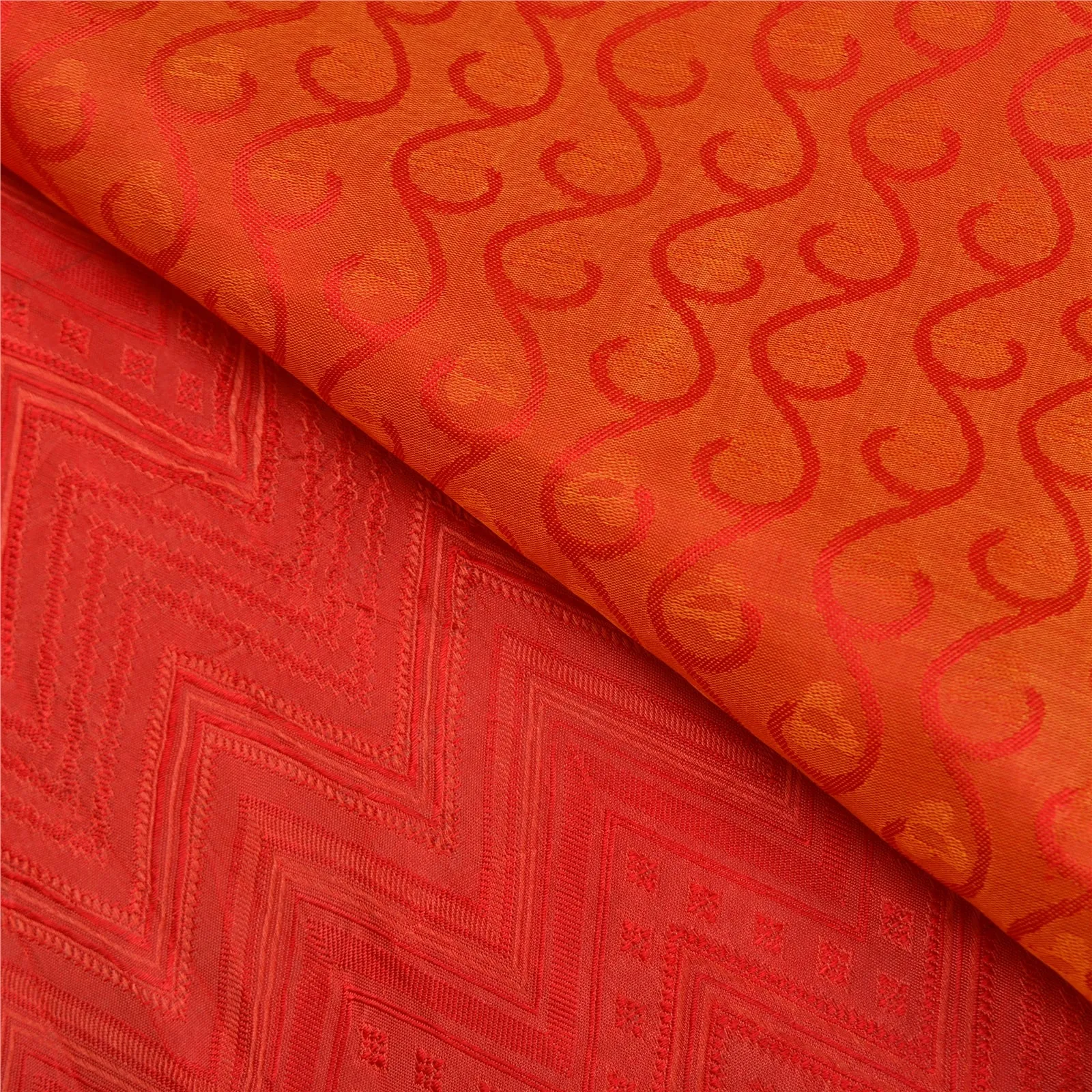 Sanskriti Vintage Red/Orange Indian Sarees 100% Pure Silk Woven Sari 5 YD Fabric