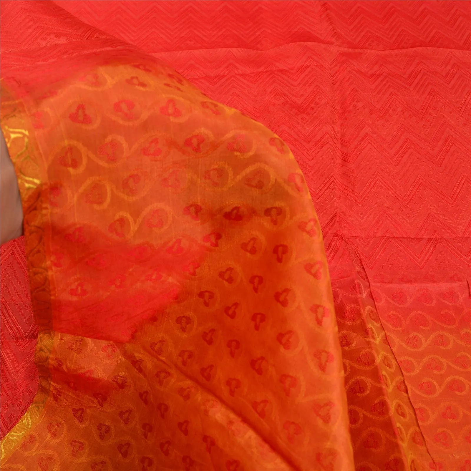 Sanskriti Vintage Red/Orange Indian Sarees 100% Pure Silk Woven Sari 5 YD Fabric