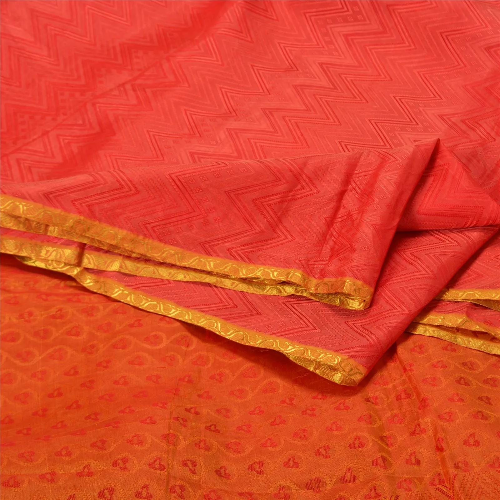 Sanskriti Vintage Red/Orange Indian Sarees 100% Pure Silk Woven Sari 5 YD Fabric