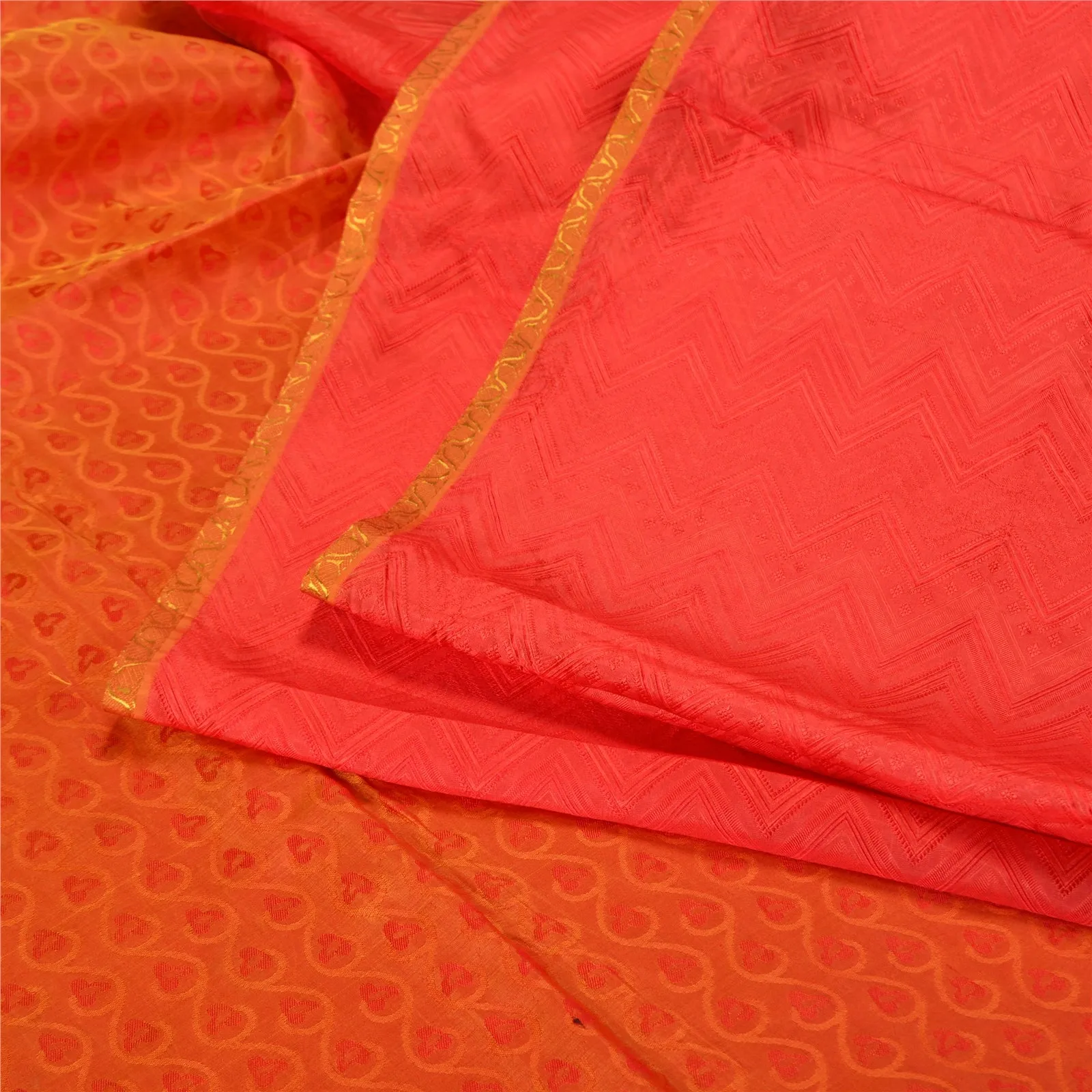 Sanskriti Vintage Red/Orange Indian Sarees 100% Pure Silk Woven Sari 5 YD Fabric