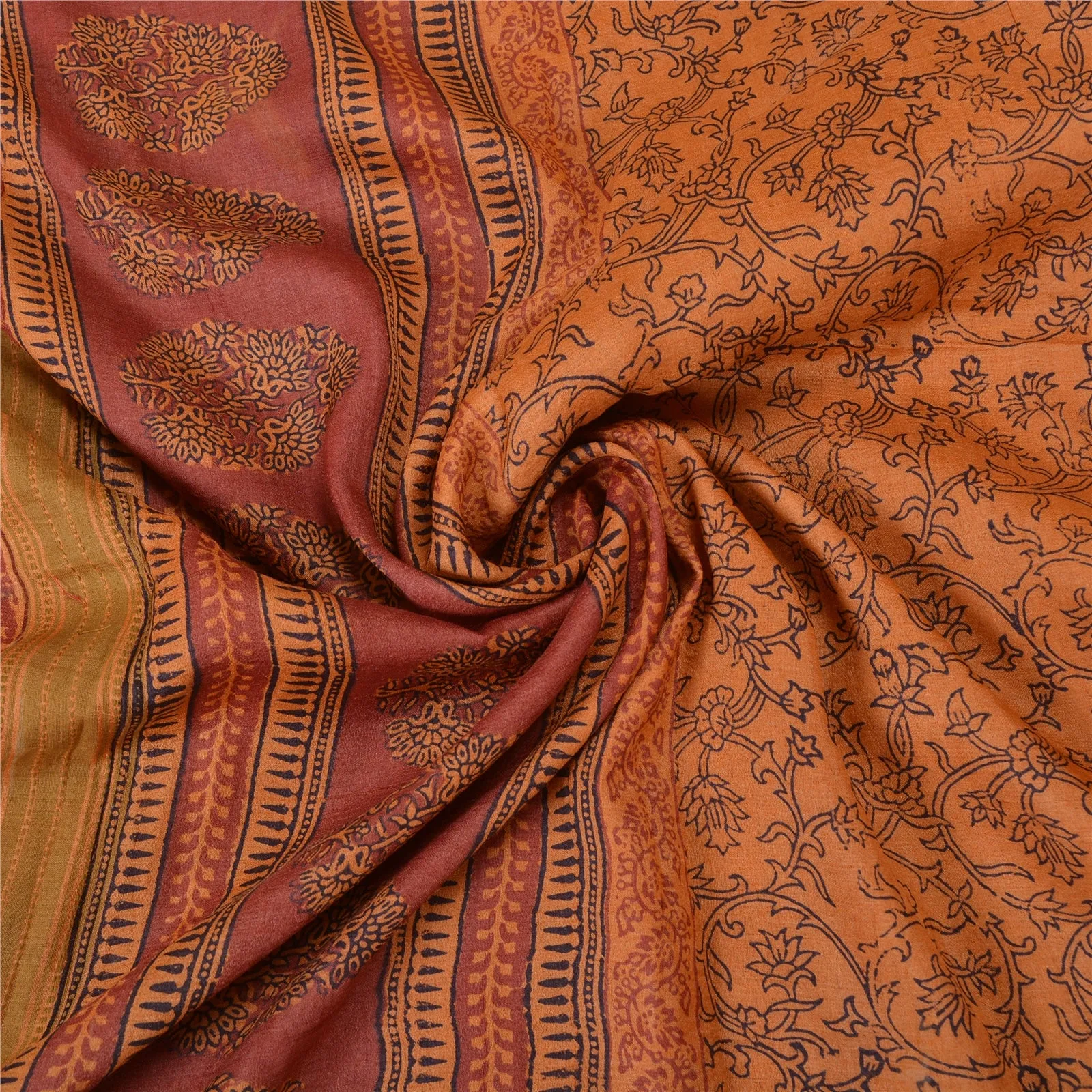 Sanskriti Vintage Saffron Sarees Pure Tussar Silk Hand-Block Print Sarees Fabric