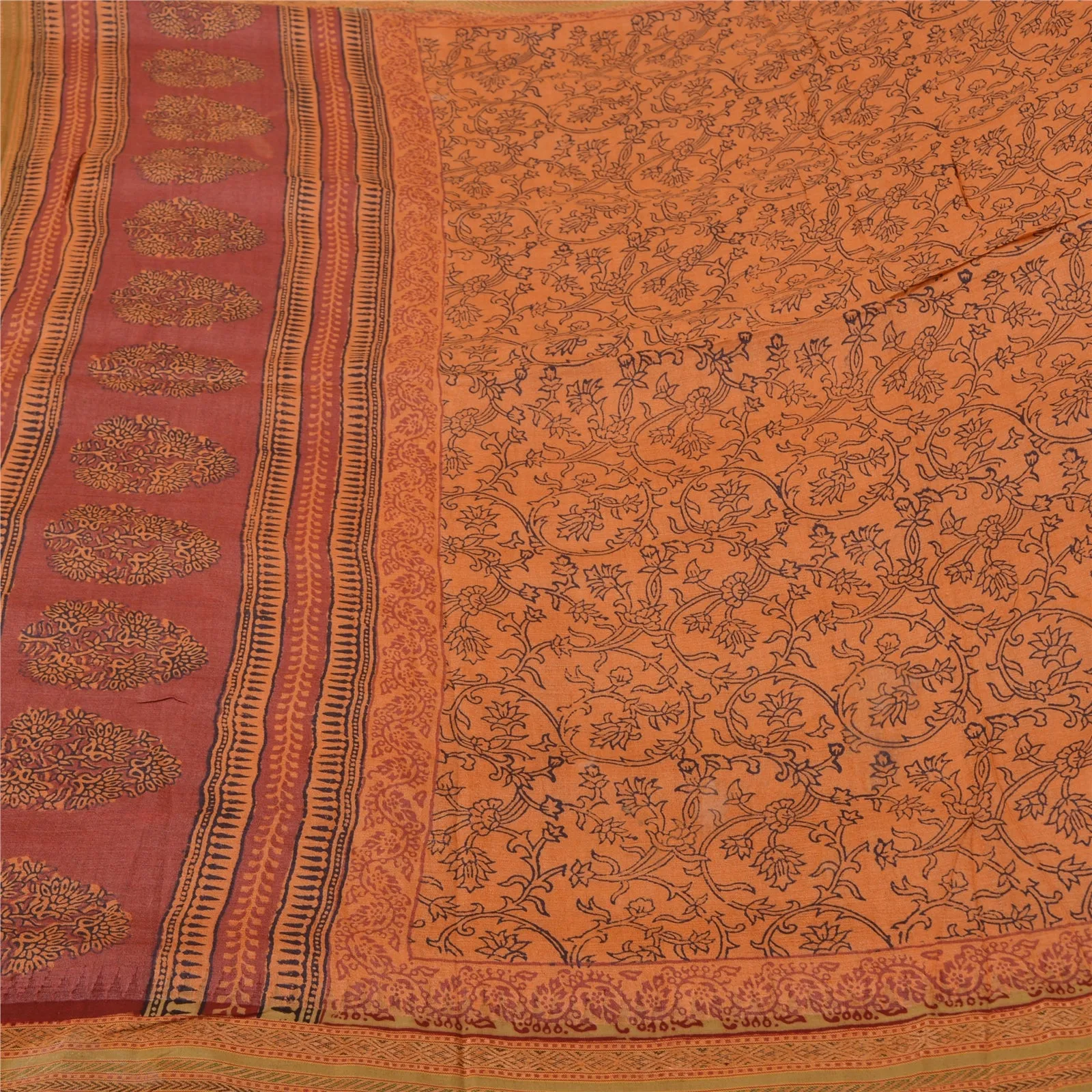 Sanskriti Vintage Saffron Sarees Pure Tussar Silk Hand-Block Print Sarees Fabric