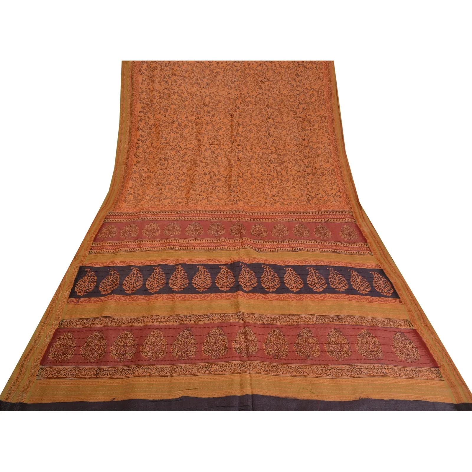 Sanskriti Vintage Saffron Sarees Pure Tussar Silk Hand-Block Print Sarees Fabric