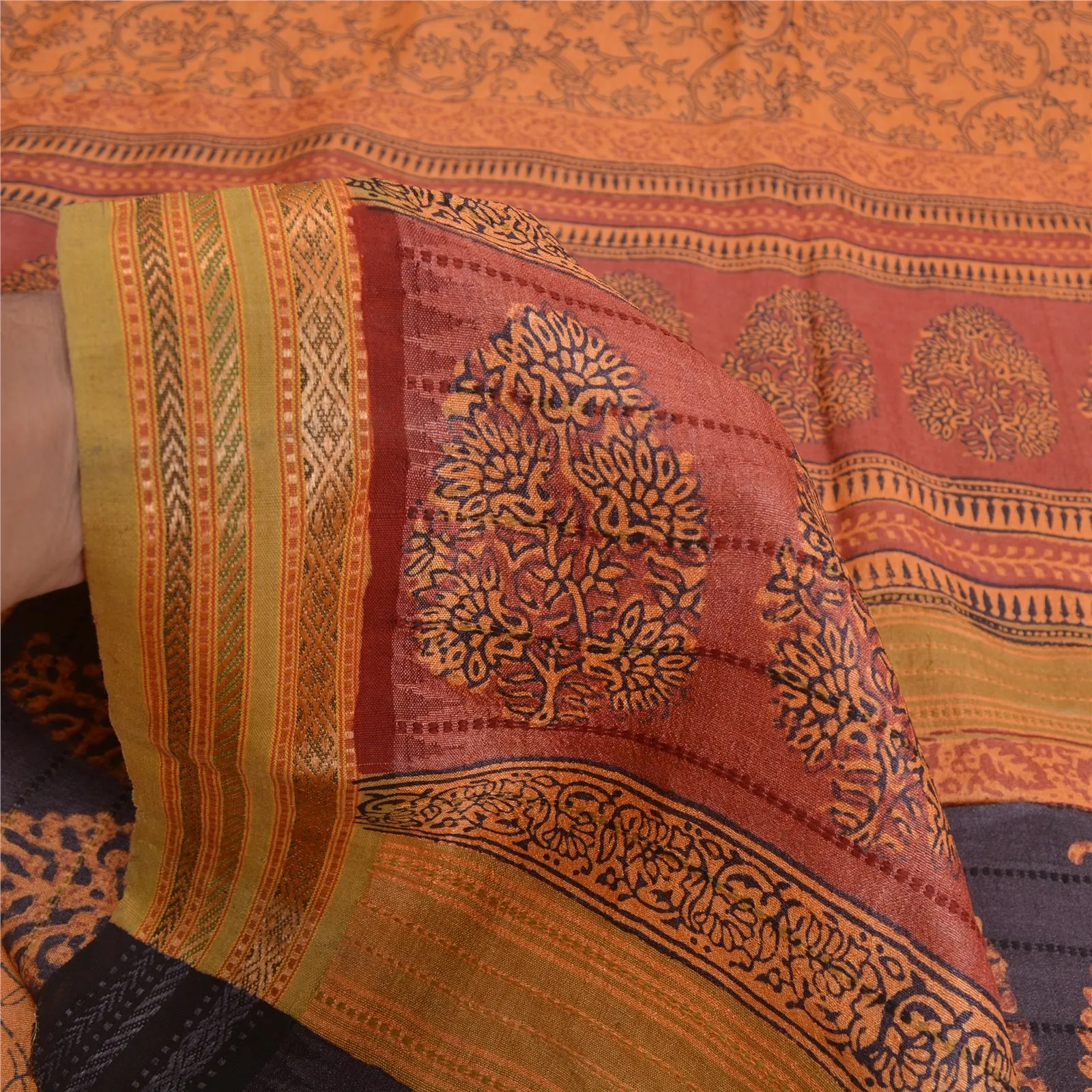 Sanskriti Vintage Saffron Sarees Pure Tussar Silk Hand-Block Print Sarees Fabric