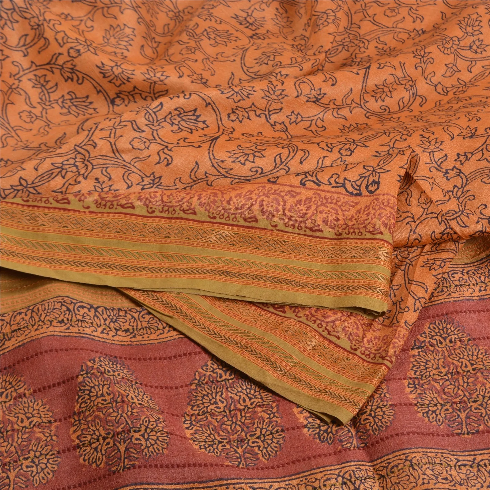 Sanskriti Vintage Saffron Sarees Pure Tussar Silk Hand-Block Print Sarees Fabric