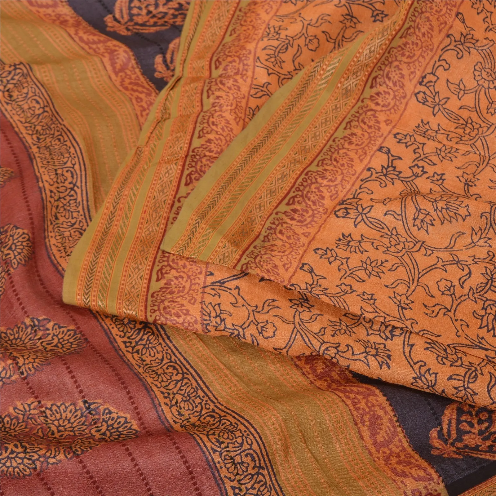 Sanskriti Vintage Saffron Sarees Pure Tussar Silk Hand-Block Print Sarees Fabric