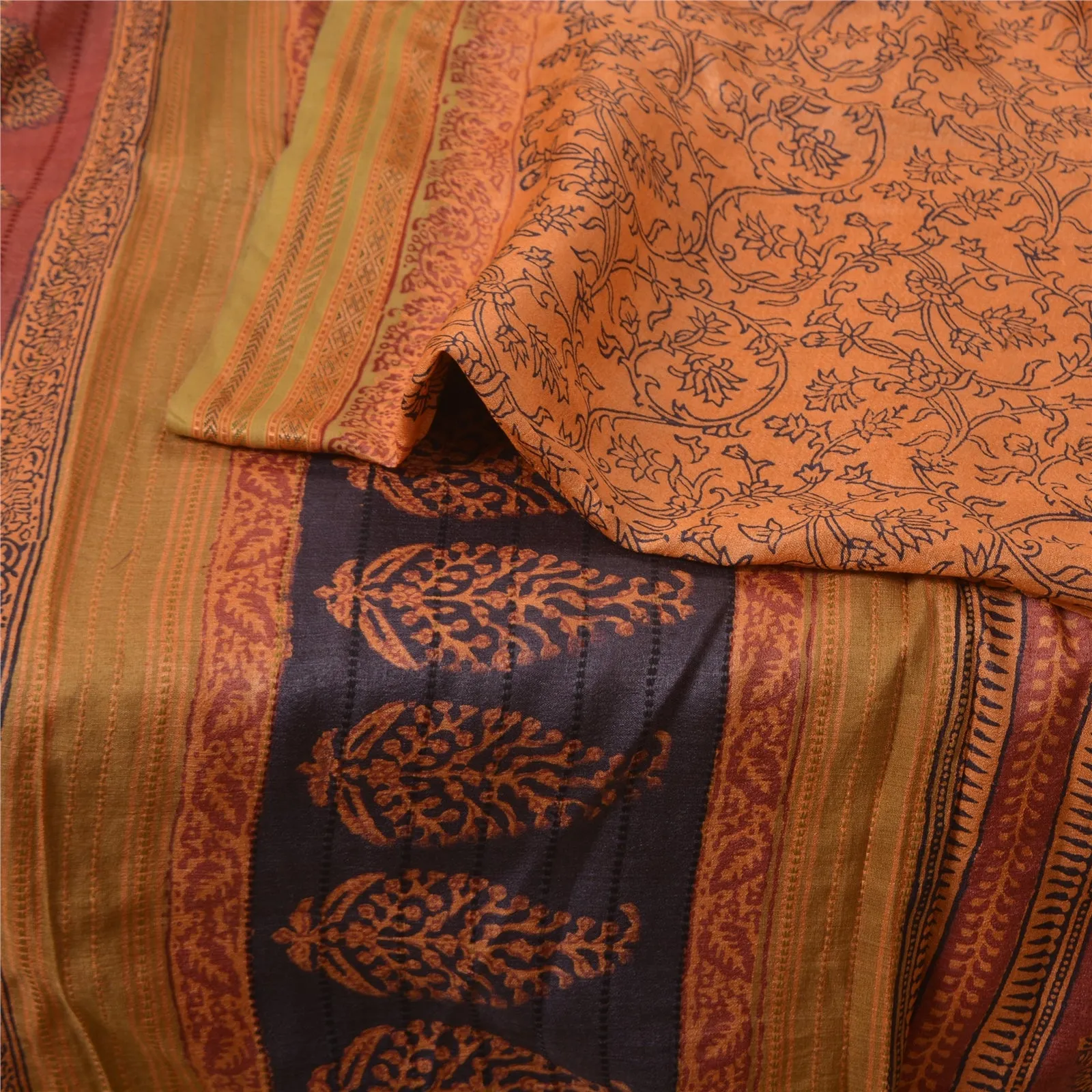 Sanskriti Vintage Saffron Sarees Pure Tussar Silk Hand-Block Print Sarees Fabric