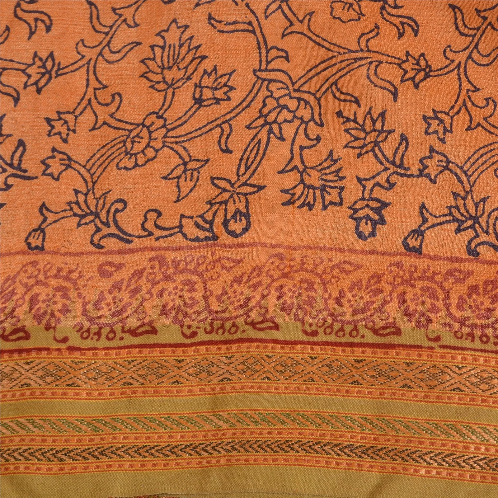 Sanskriti Vintage Saffron Sarees Pure Tussar Silk Hand-Block Print Sarees Fabric