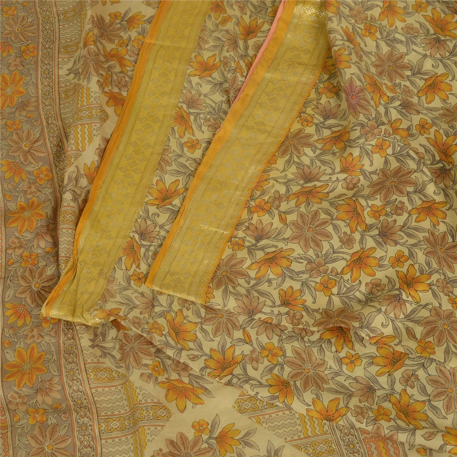 Sanskriti Vintage Sarees Beige Zari Border Pure Silk Printed Sari Craft Fabric