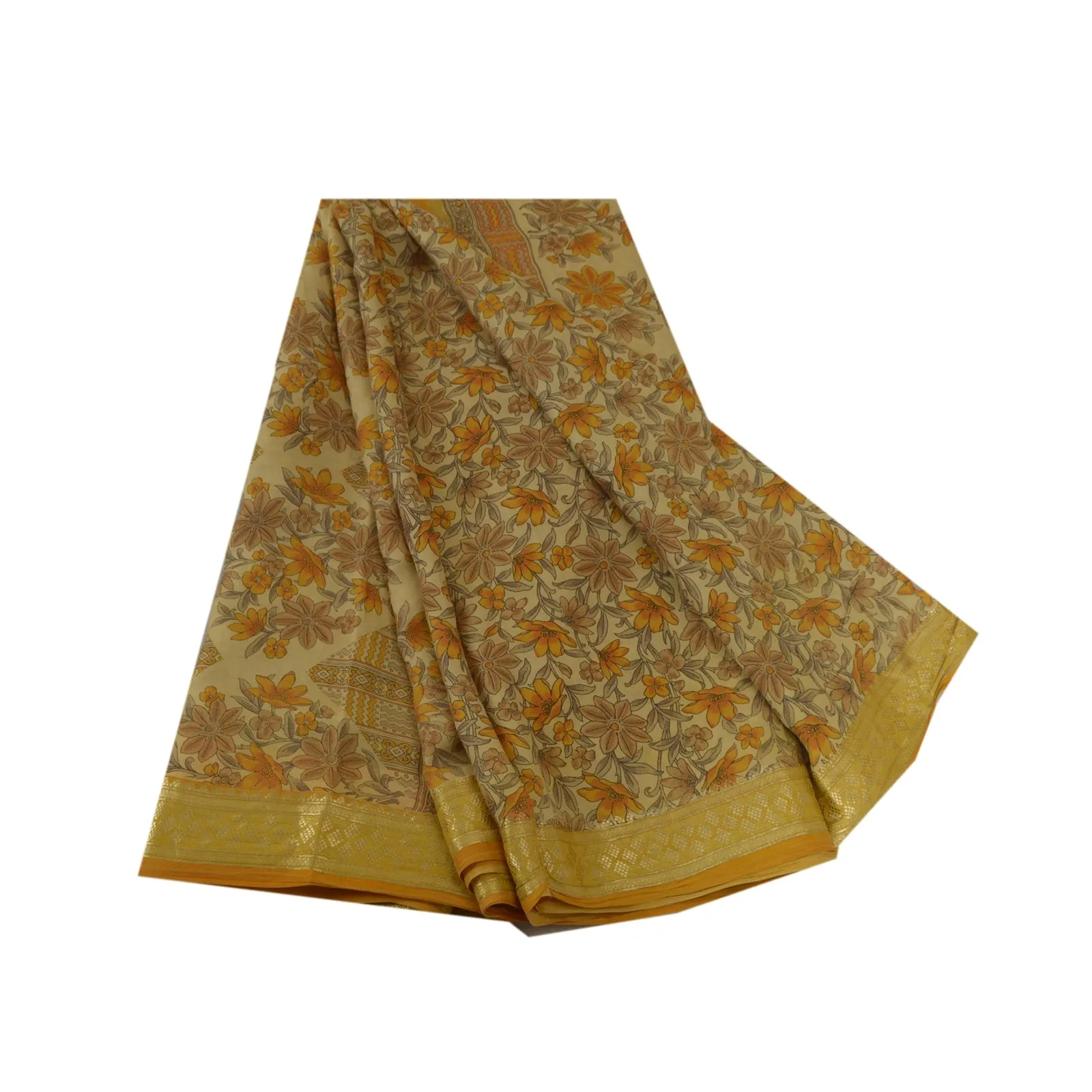 Sanskriti Vintage Sarees Beige Zari Border Pure Silk Printed Sari Craft Fabric