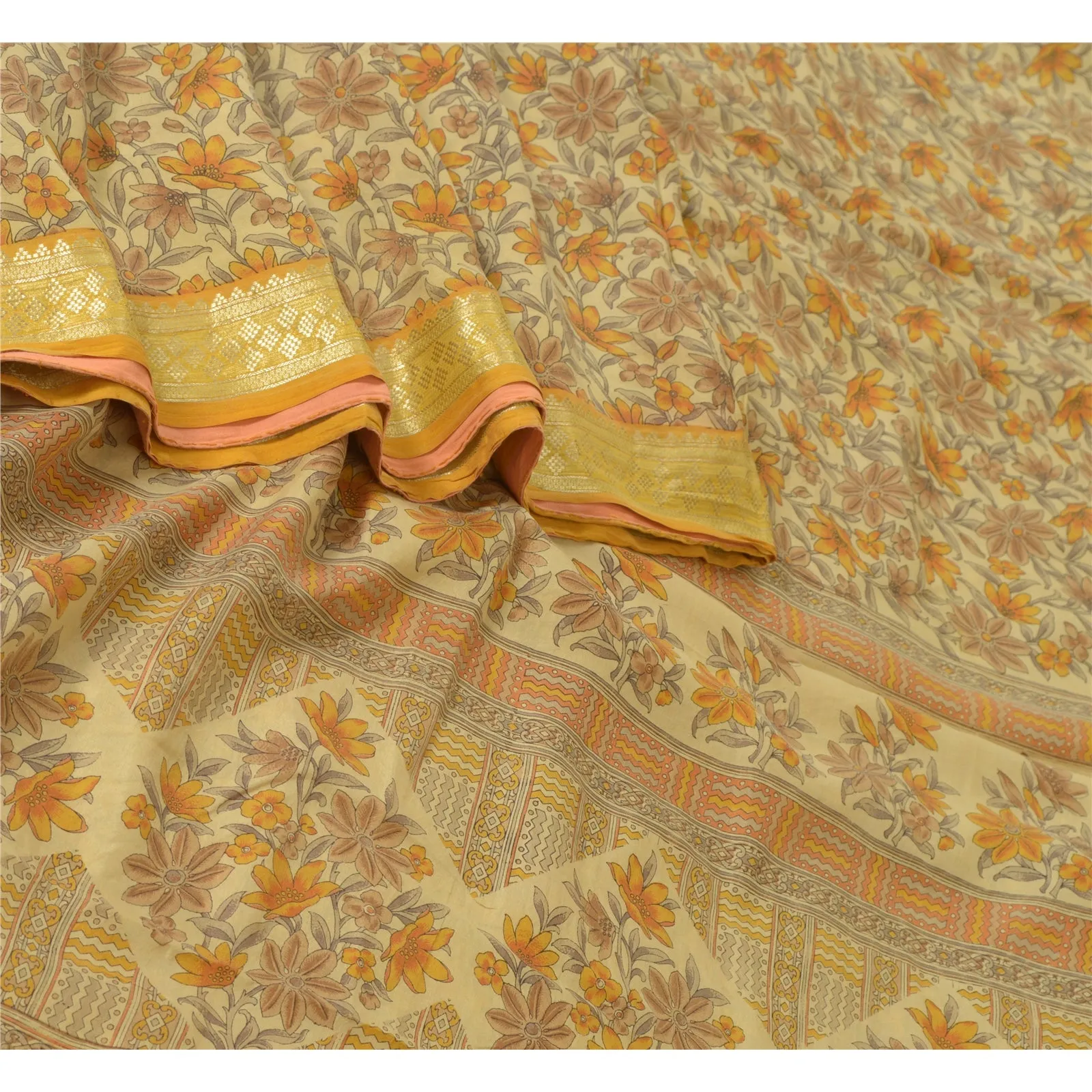 Sanskriti Vintage Sarees Beige Zari Border Pure Silk Printed Sari Craft Fabric