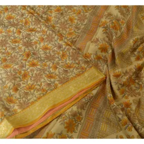 Sanskriti Vintage Sarees Beige Zari Border Pure Silk Printed Sari Craft Fabric