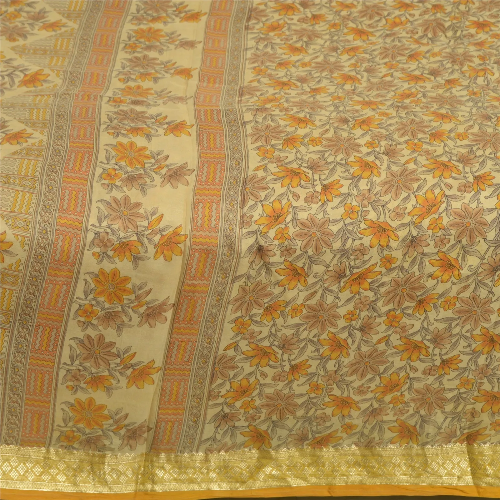 Sanskriti Vintage Sarees Beige Zari Border Pure Silk Printed Sari Craft Fabric