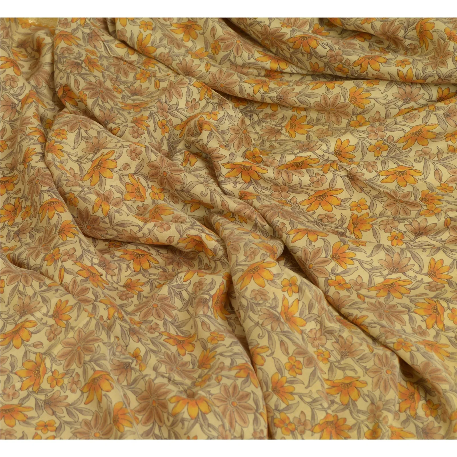 Sanskriti Vintage Sarees Beige Zari Border Pure Silk Printed Sari Craft Fabric