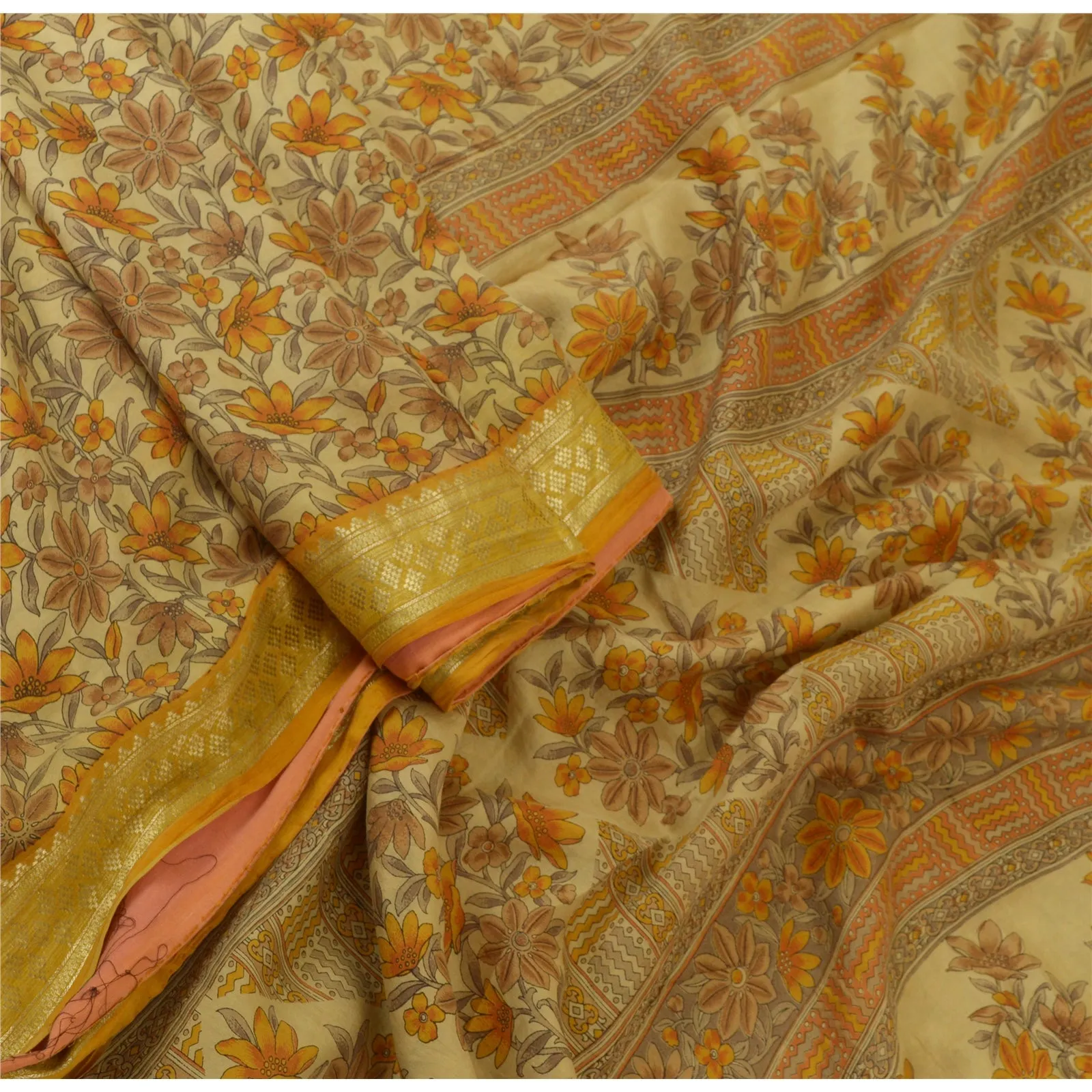 Sanskriti Vintage Sarees Beige Zari Border Pure Silk Printed Sari Craft Fabric