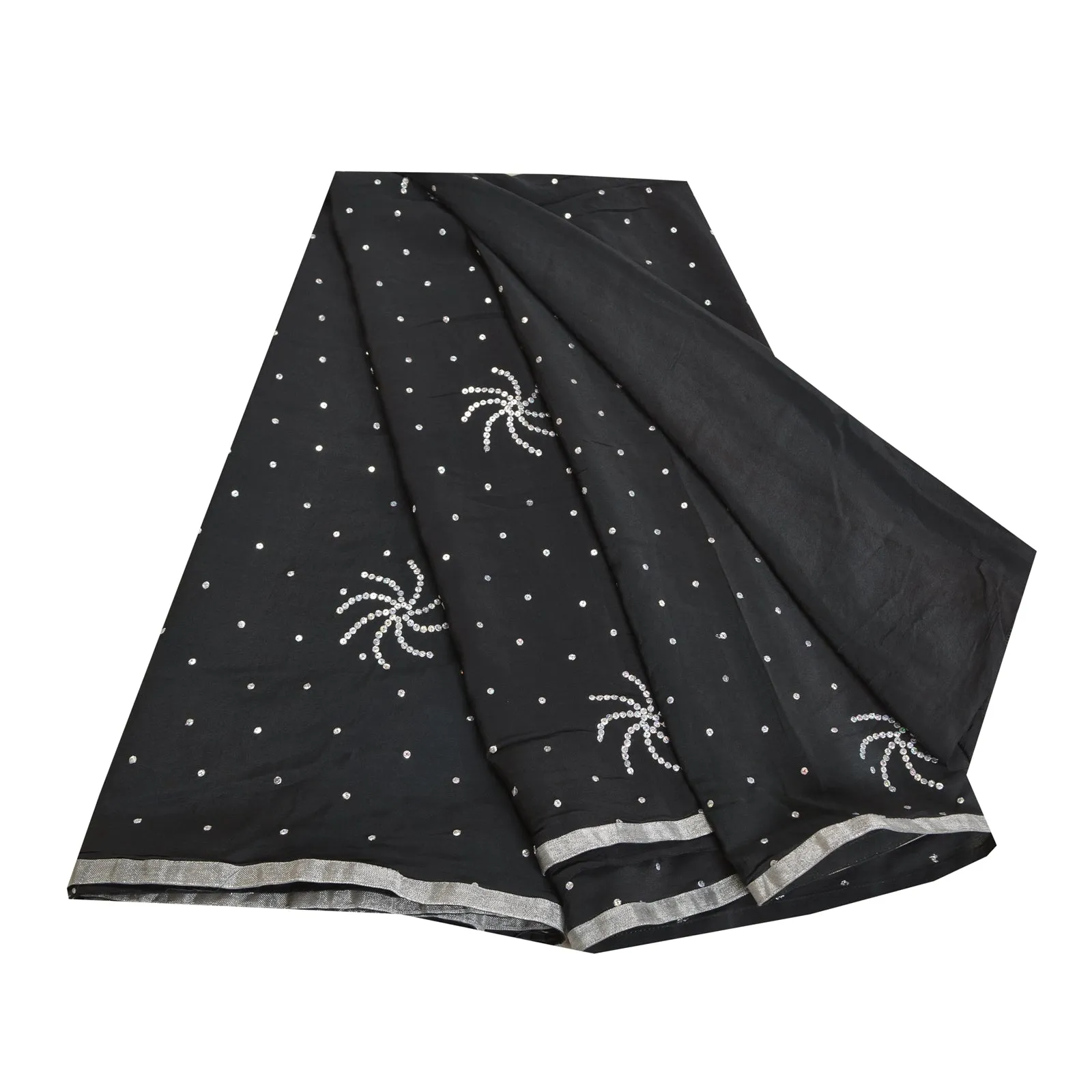 Sanskriti Vintage Sarees Black Hand Bead Sequins Pure Crepe Sari Craft Fabric