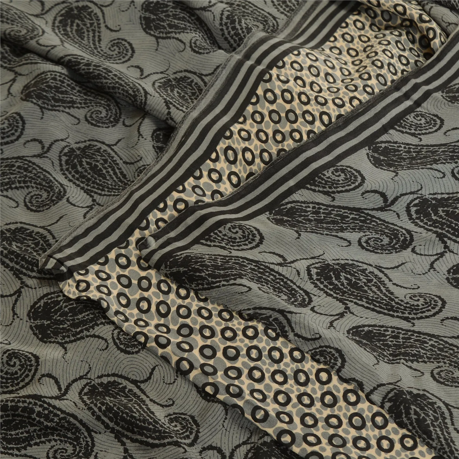 Sanskriti Vintage Sarees Black/Gray Pure Crepe Silk Printed Sari Craft Fabric