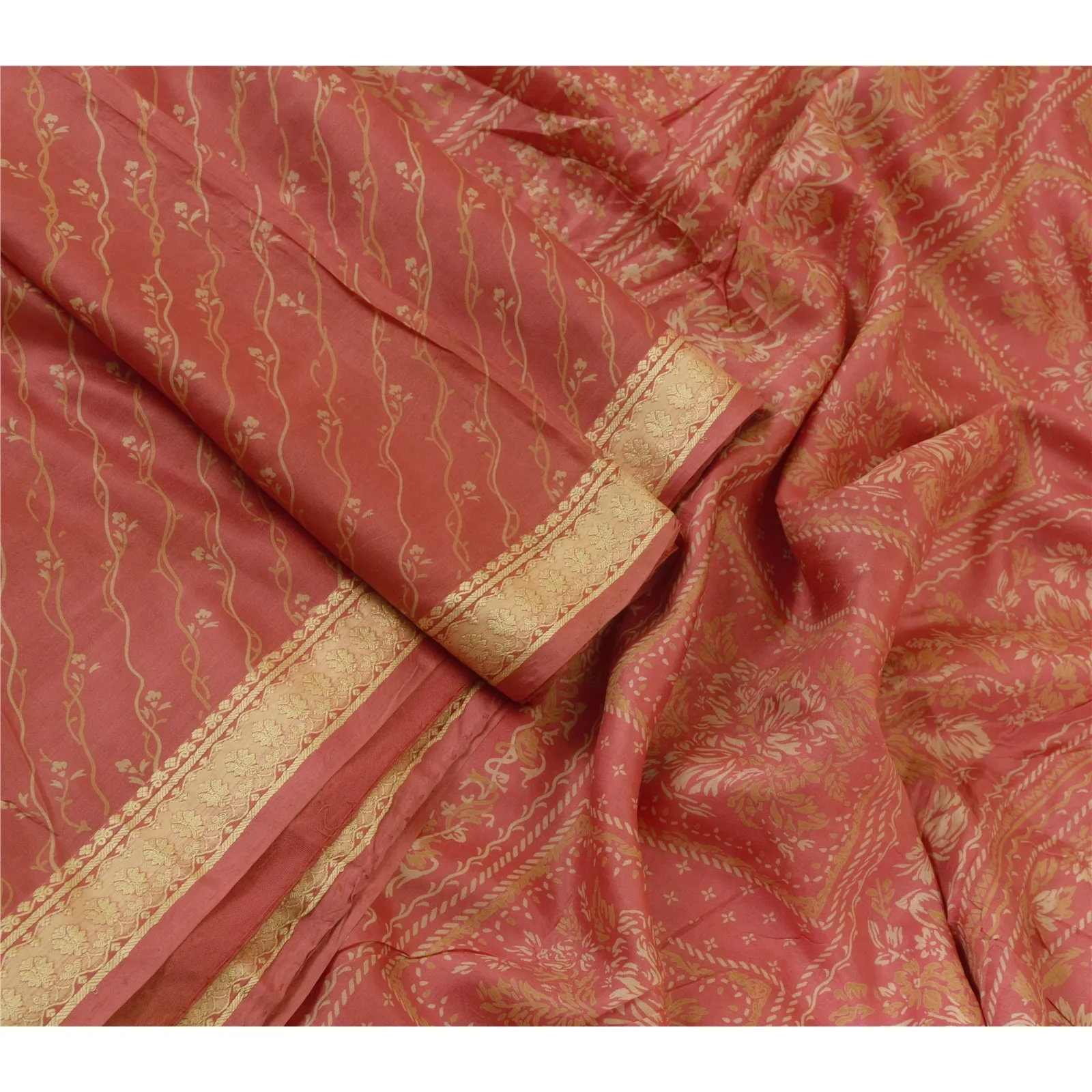 Sanskriti Vintage Sarees Blush-Pink Pure Silk Printed Sari 6yd Soft Craft Fabric