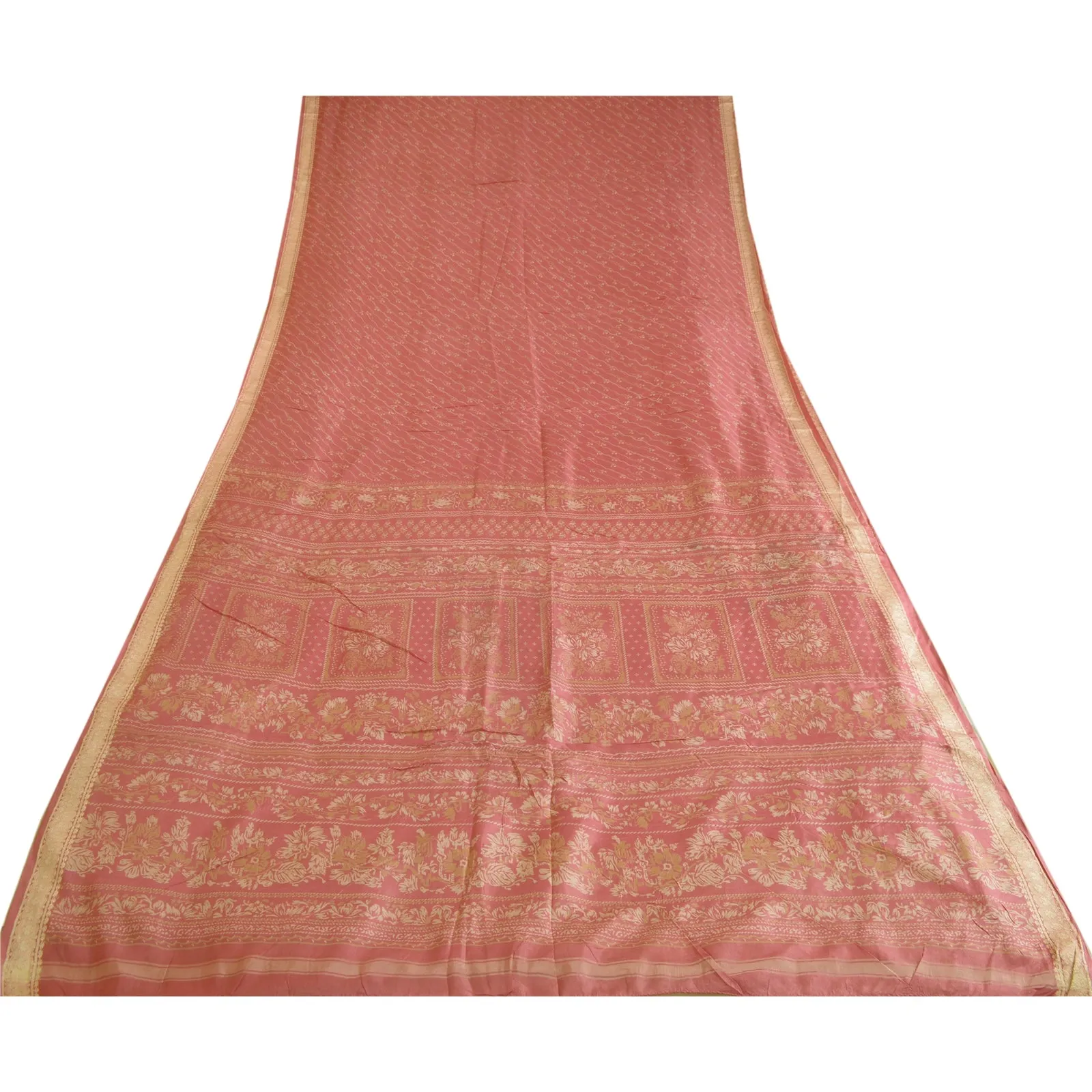 Sanskriti Vintage Sarees Blush-Pink Pure Silk Printed Sari 6yd Soft Craft Fabric