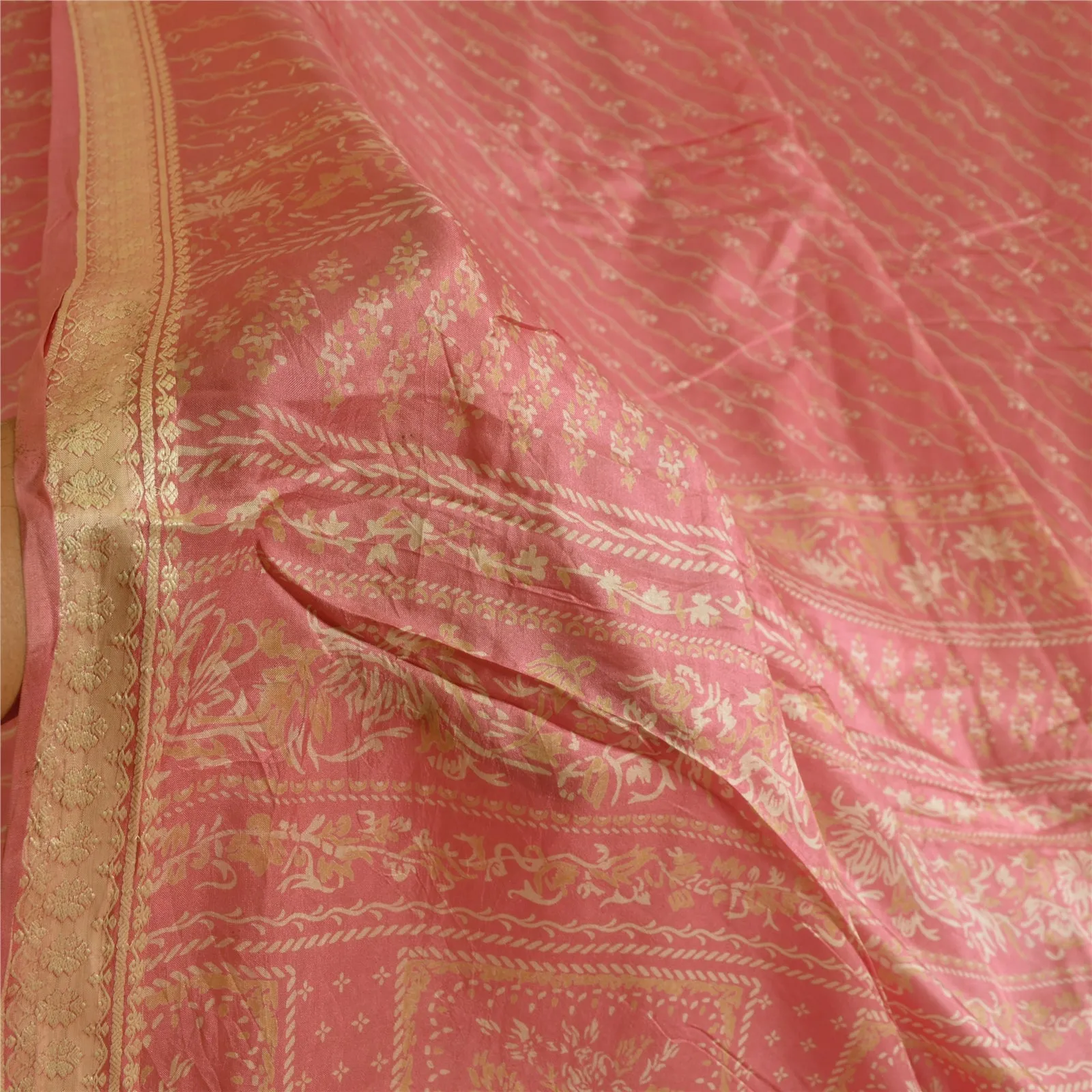 Sanskriti Vintage Sarees Blush-Pink Pure Silk Printed Sari 6yd Soft Craft Fabric