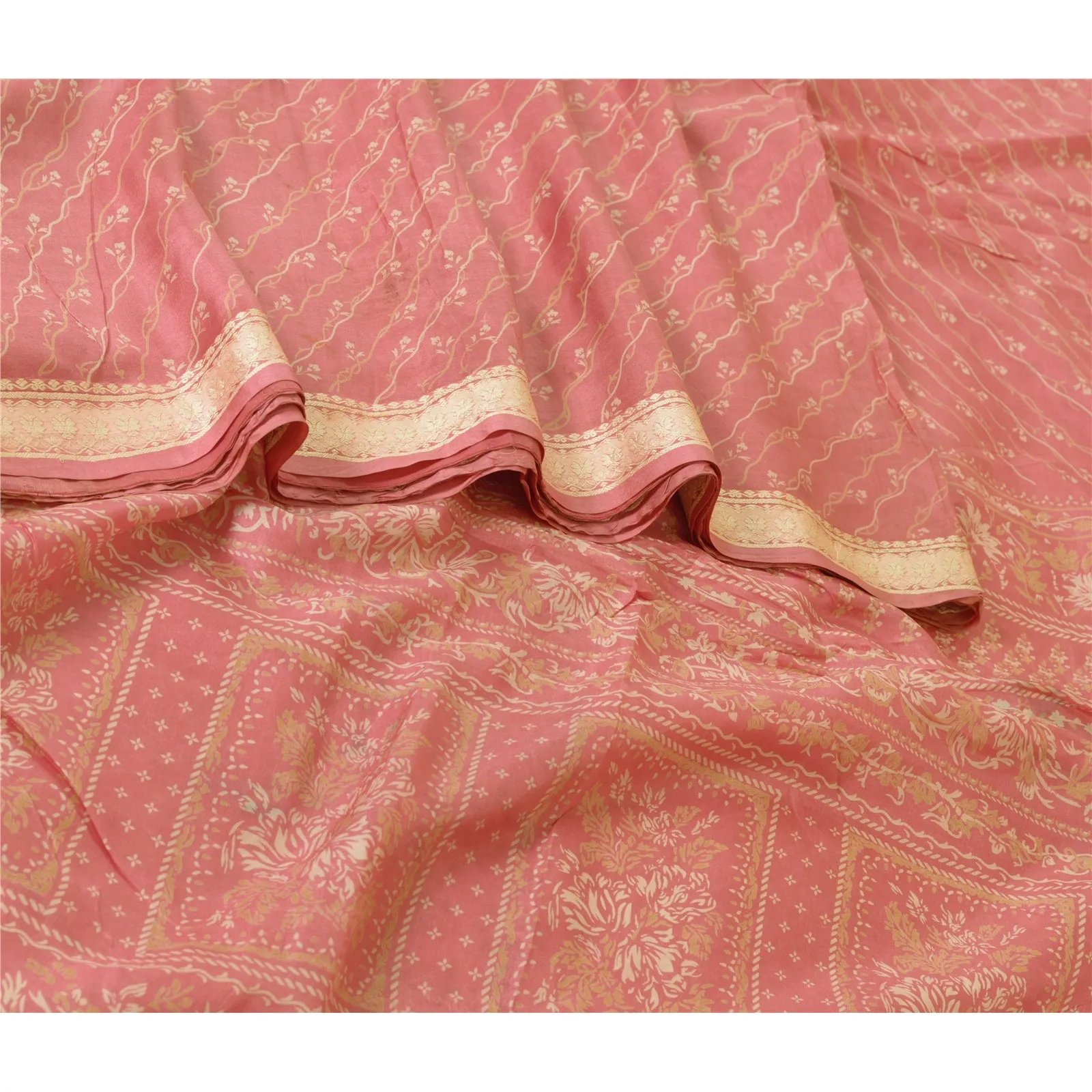 Sanskriti Vintage Sarees Blush-Pink Pure Silk Printed Sari 6yd Soft Craft Fabric